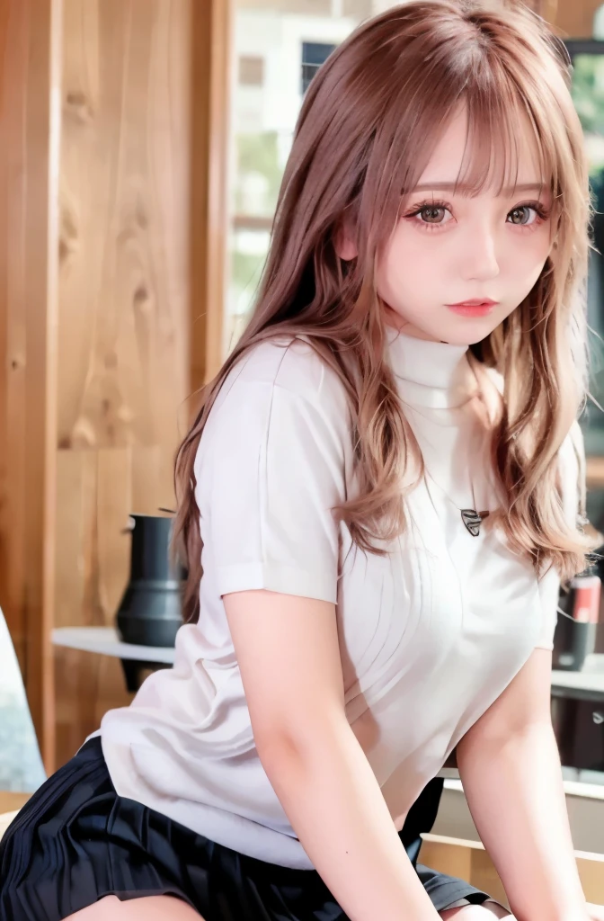 ((table top, highest quality, High resolution, nffsw, perfect pixel, 4k, nffsw, nffsw))), 1 girl, single, alone, Beautiful woman、((I could see the whole body:1.3))、 ((middle wave hair, bangs, brown hair)), ((brown eyes, beautiful eyelashes, realistic eyes)), ((detailed face, blush:1.2)), ((smooth texture:0.75, realistic texture:0.65, realistic:1.1, Anime CG style)), perfect body, (( white shirt)), ((black skirt:1.3)), 1 girl,(highest quality,4k,8K,High resolution,masterpiece:1.2),1 Beautiful woman,18-year-old,35mm lens,f/1,considerable breasts,soft sunlight,bright colors,playful expression