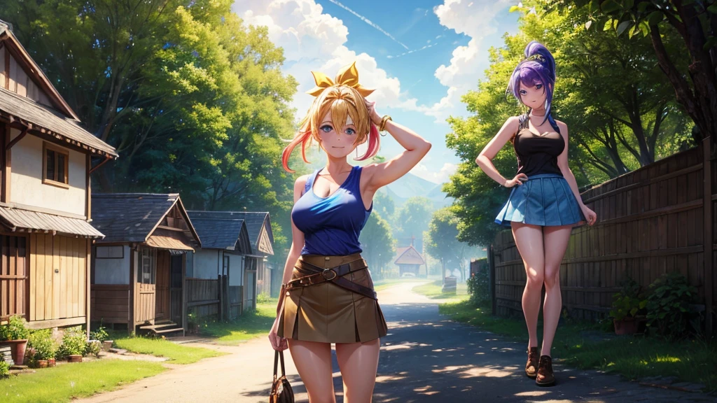 1girl, summer, village, trees, sun, clouds, ((colorful hair)), ponytail, large breasts, cleavage, blue eyes, ((sleeveless T-shirt)), mini skirt, brown shoes, grin, standing, hand on hip, hair ribbon, ((golden necklate))