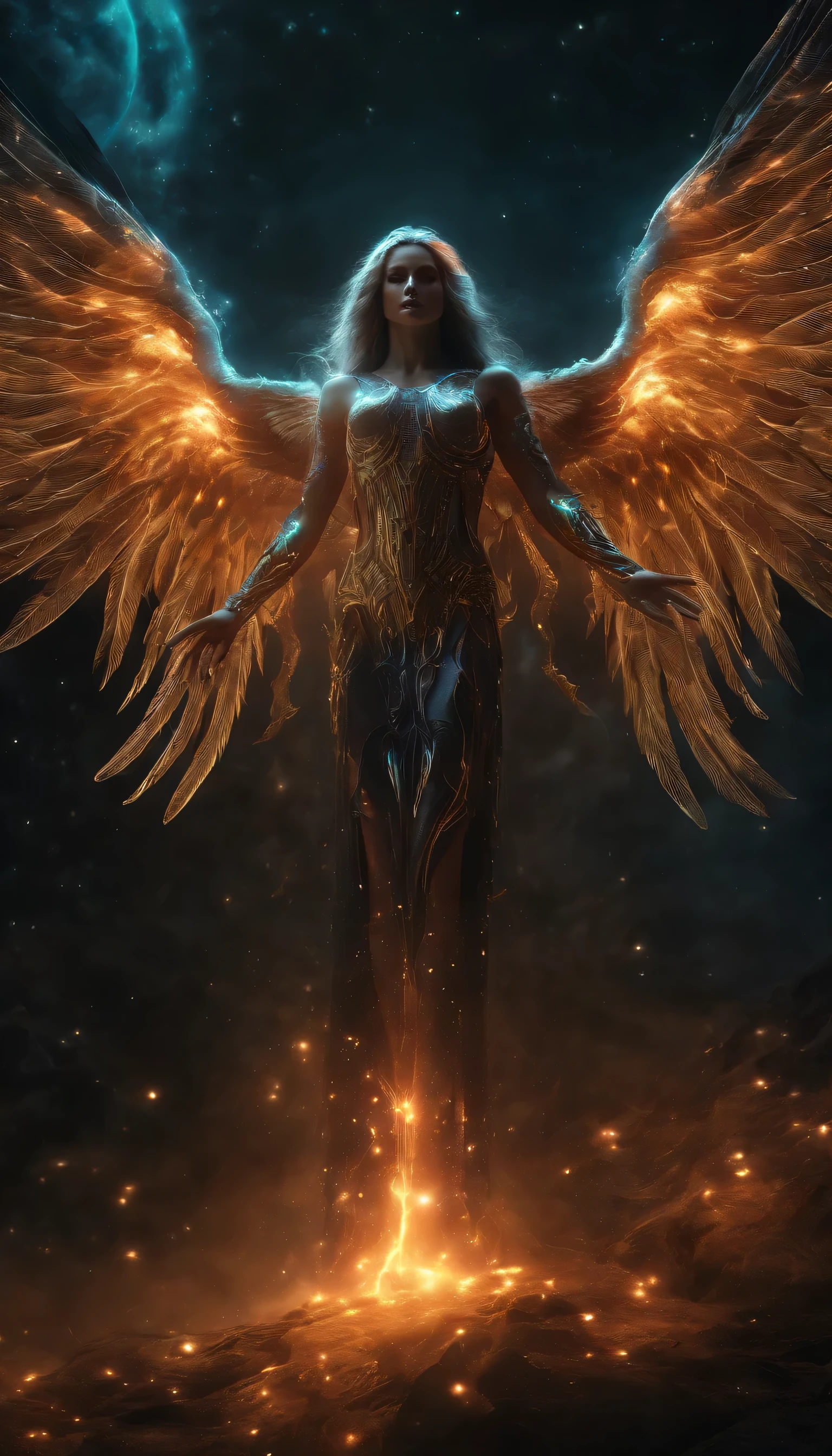 Cosmic Fallen Angel, Glowing light eyes, biomechanical, eldritch, Creepy, nightmarish, Very bright colors, light particles, with luminous light, Mshiff, Wallpaper Art, UHD wallpaper