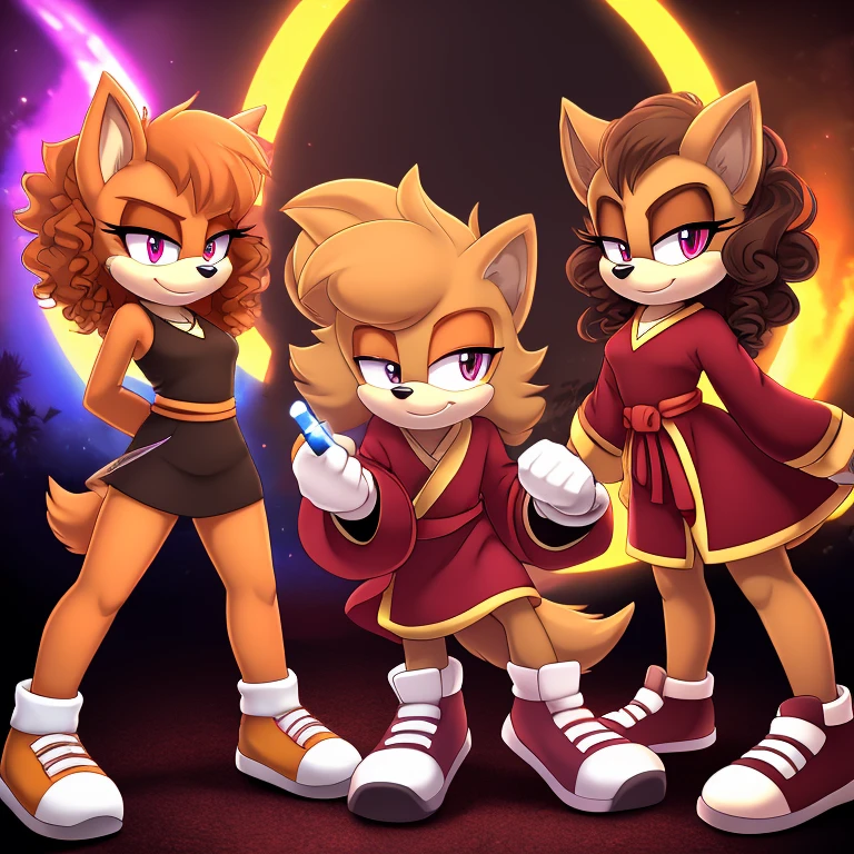 mobian, hedgehog, two-tone fur ((orange fur, brown fur)), red robe, small breasts, red lightsaber, high-top sneakers, two-tone hair (brown hair, black tip)), curly hair, red halo, red aura, jewelry, red glowing eyes, longeyelashes, red eyes, smirk, super dark room, high detail, masterpiece, UHD, anatomically correct, super detail, highres, 4K