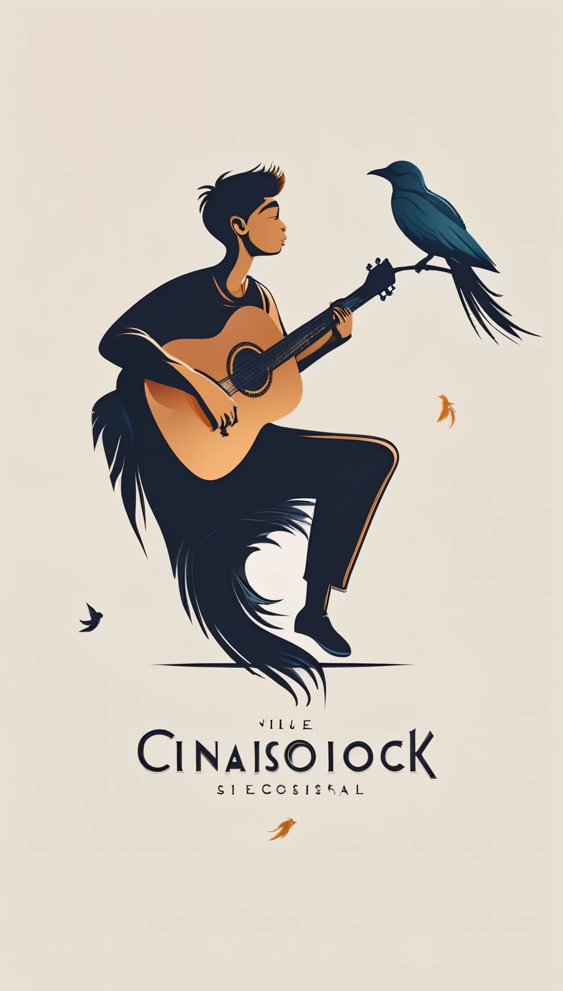 Minimalistic, modern Logo design of a boy playing acoustic guitar with a feather and a bird. The logo must convey a sense of storytelling and dreams. Cinematic logo design