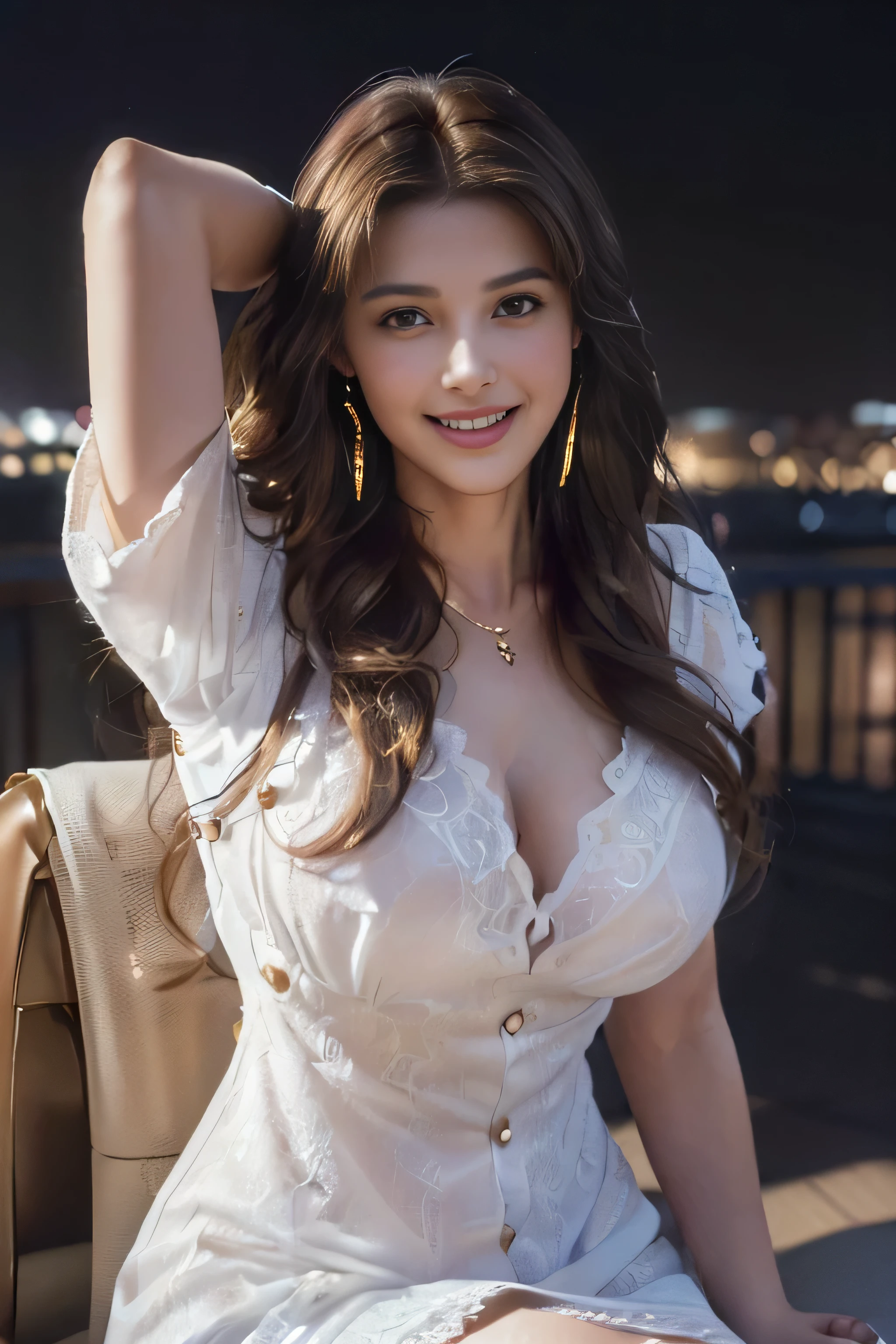 ((beautiful girl:1.3))((wearing a white mini shirt thin dress with chest bragging pose:1.4) (((smile:1.2)) ((medium chest:1.2)) ((close:1.3)) highest quality,masterpiece,ultra high resolution,(realistic:1.4),Raw photo,(real skin texture:1.3),(film grain:1.3),panorama,character portrait,very wide shot,tight waist,cowboy shot,(in the dark, deep shadow, discreet key, cold light,) night,(()),flowing tears,,dust,Tyndall effect,(Performance),,Beautifully detailed eyes and face,white jabot,brown eyes,((brown hair:1.2)) ((full body:1.3))((gold necklace_Large earrings:1.2)),((Long brown hair:1.2))((Hair with loose waves inside:1.2))((sitting on a chair, night view terrace background:1.3)),((lace breasts, large loose open chest, get glimpses of breast,Buttons up to the middle of the shirt:1.3)),((arms up:1.3)),