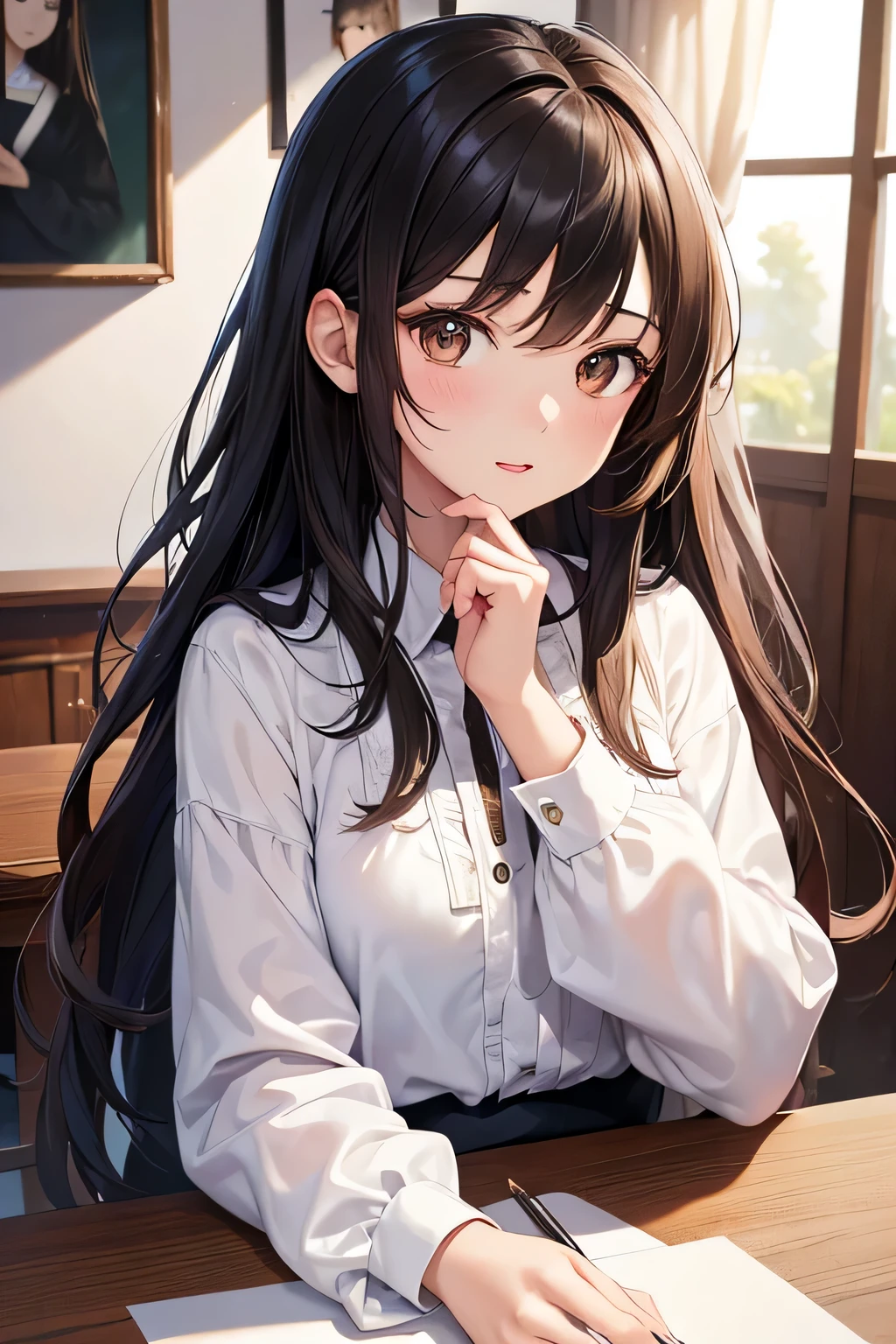 ((highest quality)),(超High resolution),(Super detailed),(detailed description),((The best CG)),(best work of art),super precision art,Amazing drawing art,(Art with precise details:1.5), portrait:1.6,bust shot:1.4,(1 female:1.5),Beautiful and well-shaped face:1.5、 Japanese、girl,thin、small face、brown eyes、expensive、 High resolution,black hair、long hair、classroom、(white blouse:1.2)、17 years old、Are standing、mature,big 