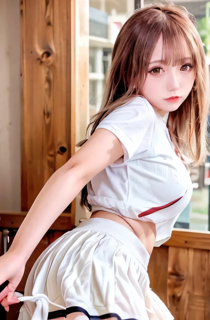 1 girl, single, alone, Beautiful woman、((I could see the whole body:1.3))、 ((middle wave hair, bangs, brown hair)), ((brown eyes, beautiful eyelashes, realistic eyes)), ((detailed face, blush:1.2)), ((smooth texture:0.75, realistic texture:0.65, realistic:1.1, Anime CG style)), perfect body,  (( white shirt)), ((black skirt:1.3)), 1 girl,(highest quality,4k,8K,High resolution,masterpiece:1.2),1 Beautiful woman,18-year-old,35mm lens,f/1,considerable breasts,soft sunlight,bright colors,playful expression