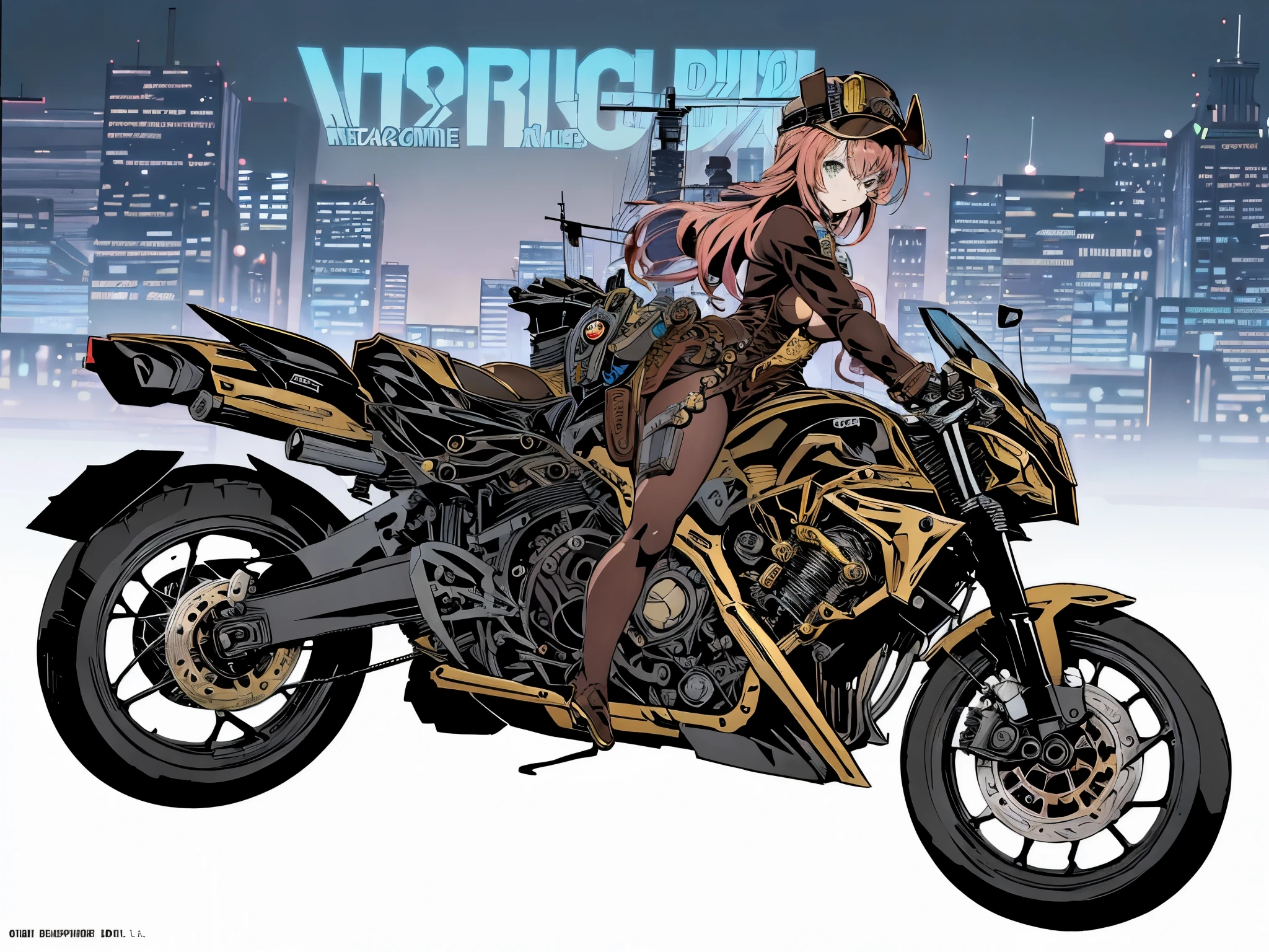 (comic book style),(line drawing_anime),(cowboy shot, highest quality, ),(Laura Budd Photos:1.2),(Laura Add Details:1.0),8K, flat color:0.8,dynamic angle,1 girl,smile、(Steampunk bike ride 1.5)、Exquisitely decorated motorcycle、(Highly decorative and complex mechanical steampunk fashion, lace flare dolphin hat、goggles 1.5、machinery background、Gear background、Intricately mechanized steampunk cityscape 1.5),
