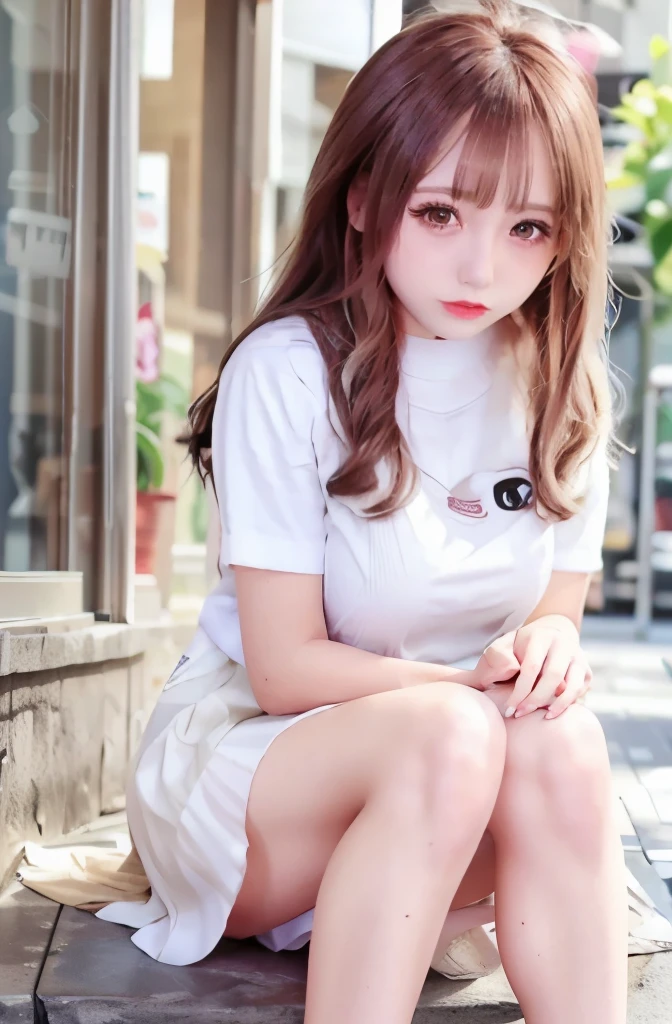 1 girl, single, alone, Beautiful woman、((I could see the whole body:1.3))、 ((middle wave hair, bangs, brown hair)), ((brown eyes, beautiful eyelashes, realistic eyes)), ((detailed face, blush:1.2)), ((smooth texture:0.75, realistic texture:0.65, realistic:1.1, Anime CG style)), perfect body, (( white shirt)), ((black skirt:1.3)), 1 girl,(highest quality,4k,8K,High resolution,masterpiece:1.2),1 Beautiful woman,18-year-old,35mm lens,f/1,considerable breasts,soft sunlight,bright colors,playful expression
