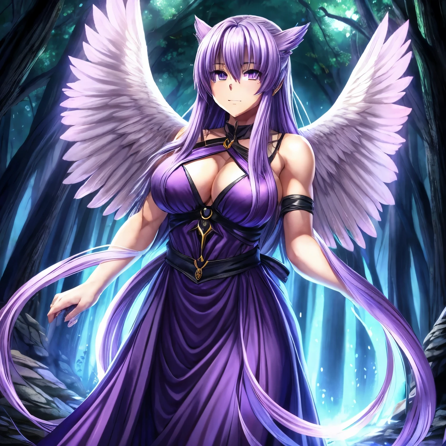crie um personagem de nanatsu no taizai anime, mulher de cabelos loiros, cabelo longo liso, lilac eyes, asas de anjo, vestido preto longo decotado com detalhes dourados, releasing power of darkness through hands forest background