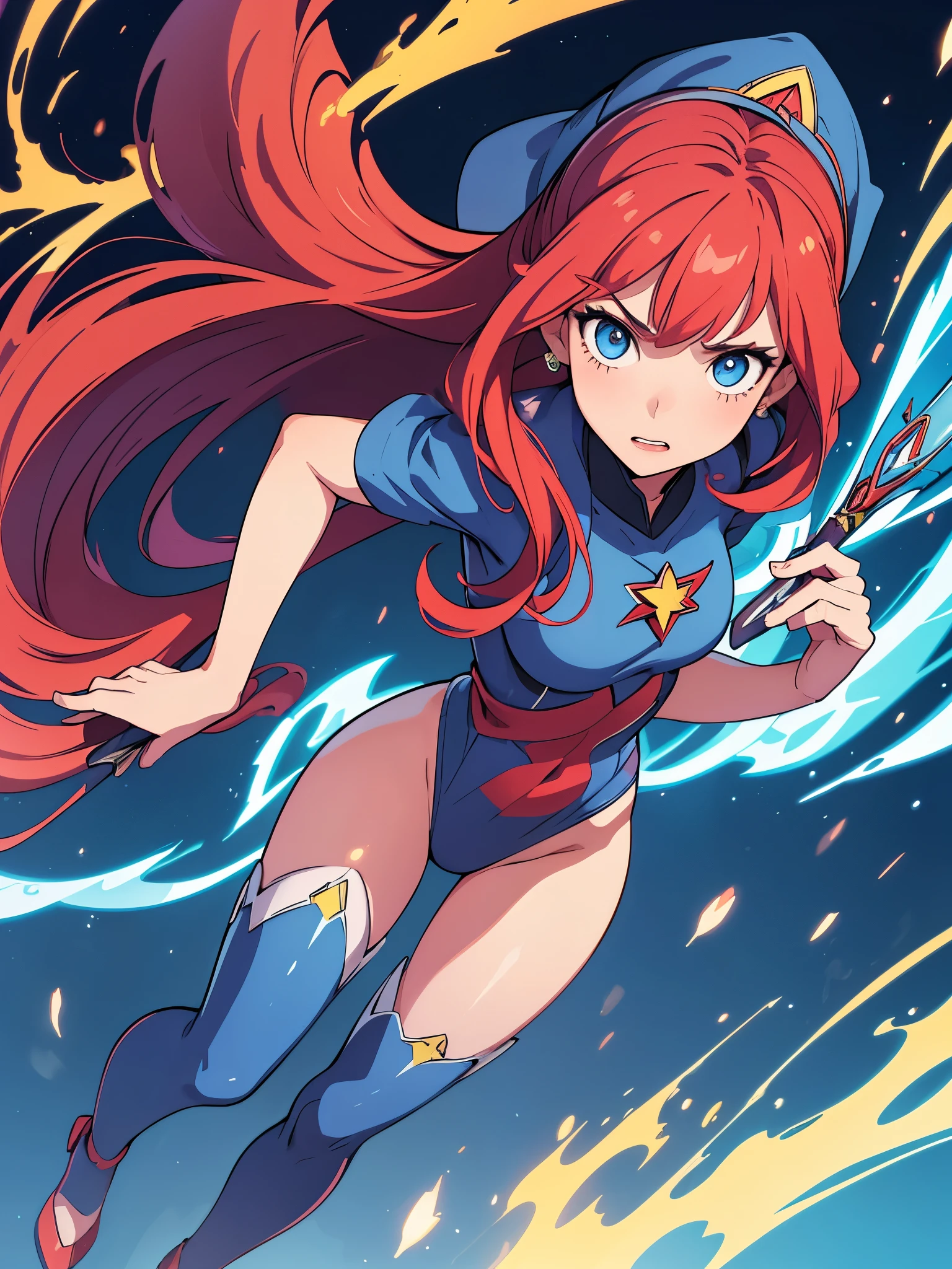 1girl, superhero, holding wand, witch academia, superhero sorceress witch, glamorous angewoman digimon, sky witch, by Aguri Uchida, maya ali as a lightning mage, leotard, blue leotard with white accents, bare legs, blue thigh-highs, red high heels, (witch hat, red hair, long hair), blue eyes, beautiful detailed eyes, beautiful detailed face, cute face, medium breasts, age 16-18, solo, solo focus, wonder, full body portrait, cowboy shot