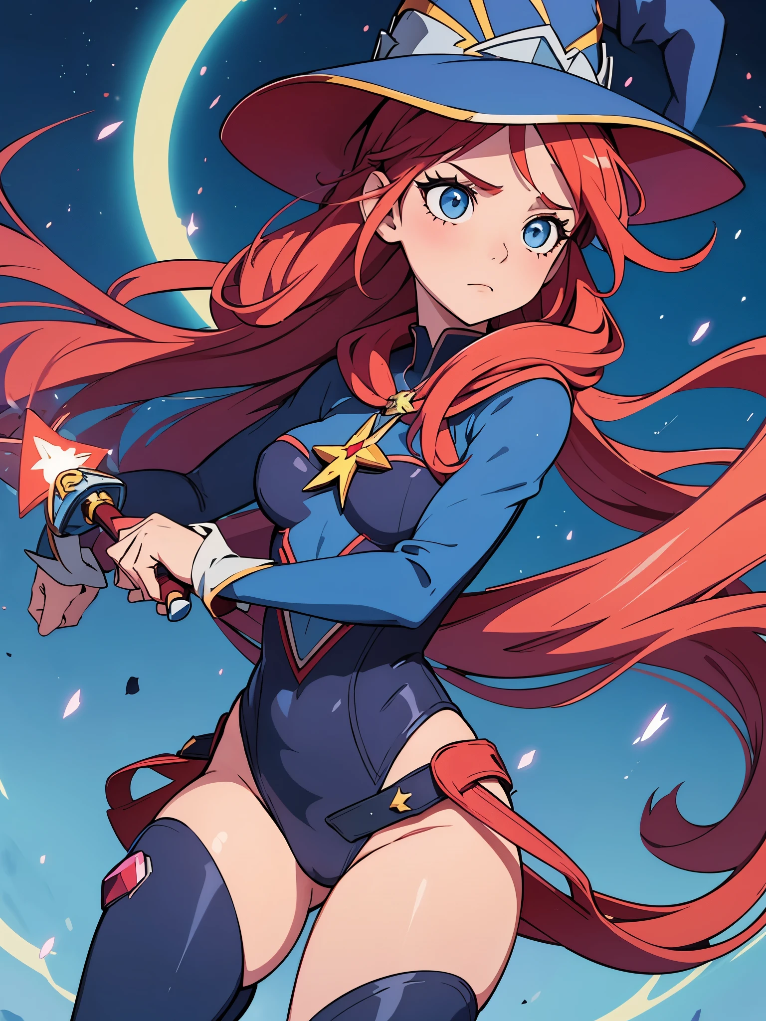 1girl, superhero, holding wand, witch academia, superhero sorceress witch, glamorous angewoman digimon, sky witch, by Aguri Uchida, maya ali as a lightning mage, leotard, blue leotard with white accents, bare legs, blue thigh-highs, red high heels, (witch hat, red hair, long hair), blue eyes, beautiful detailed eyes, beautiful detailed face, cute face, medium breasts, age 16-18, solo, solo focus, wonder, full body portrait, cowboy shot