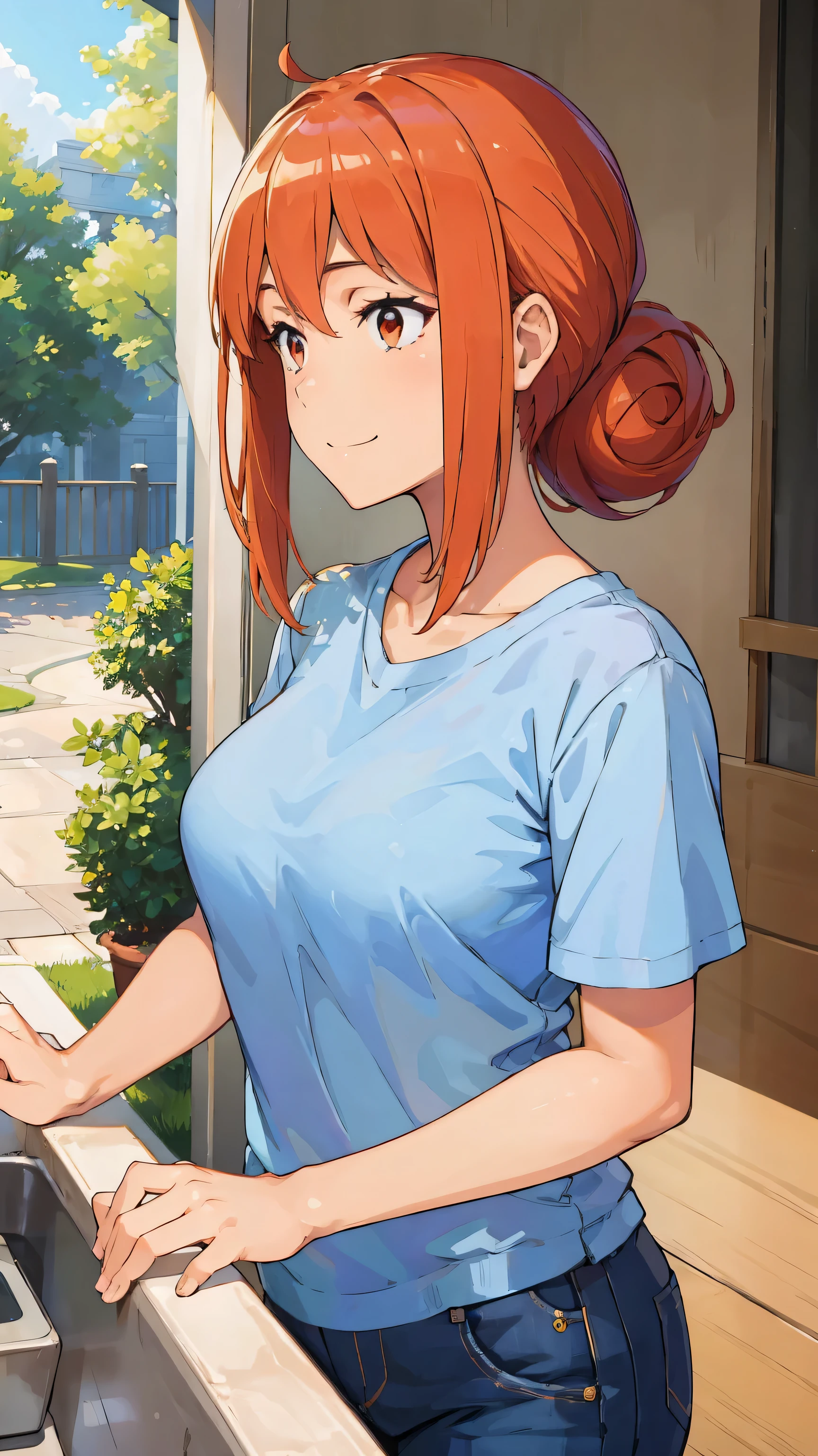 ((highest quality, 8K, masterpiece :1.3)),super detailed face, 1 adult female,Yuigahama Yui&#39;s mother,As I expected, my youth romantic comedy is wrong。,Gahamama,plump body,big breasts,bun hair,smile,white t-shirt,jeans,