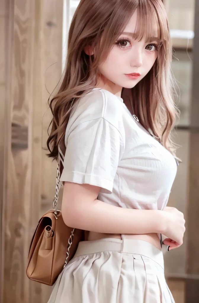 1 girl, single, alone, Beautiful woman、((I could see the whole body:1.3))、 ((middle wave hair, bangs, brown hair)), ((brown eyes, beautiful eyelashes, realistic eyes)), ((detailed face, blush:1.2)), ((smooth texture:0.75, realistic texture:0.65, realistic:1.1, Anime CG style)), perfect body,  (( white shirt)), ((black skirt:1.3)), 1 girl,(highest quality,4k,8K,High resolution,masterpiece:1.2),1 Beautiful woman,18-year-old,35mm lens,f/1,considerable breasts,soft sunlight,bright colors,playful expression