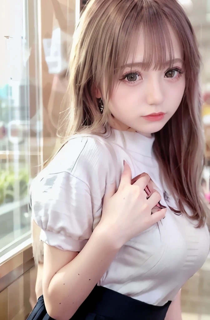 1 girl, single, alone, Beautiful woman、((I could see the whole body:1.3))、 ((middle wave hair, bangs, brown hair)), ((brown eyes, beautiful eyelashes, realistic eyes)), ((detailed face, blush:1.2)), ((smooth texture:0.75, realistic texture:0.65, realistic:1.1, Anime CG style)), perfect body, (( white shirt)), ((black skirt:1.3)), 1 girl,(highest quality,4k,8K,High resolution,masterpiece:1.2),1 Beautiful woman,18-year-old,35mm lens,f/1,considerable breasts,soft sunlight,bright colors,playful expression