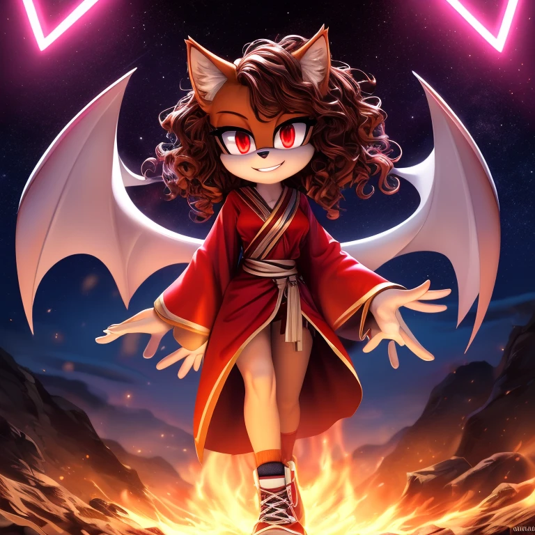 mobian, hedgehog, two-tone fur ((orange fur, brown fur)), red robe, small ???????, red lightsaber, high-top sneakers, two-tone hair (brown hair, black tip)), curly hair, red halo, red aura, jewelry, red glowing eyes, with an army behind her, longeyelashes, red eyes, smirk, super dark room, high detail, masterpiece, UHD, anatomically correct, super detail, highres, 4K