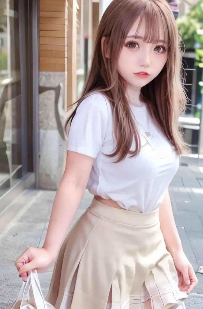 1 girl, single, alone, Beautiful woman、((I could see the whole body:1.3))、 ((middle wave hair, bangs, brown hair)), ((brown eyes, beautiful eyelashes, realistic eyes)), ((detailed face, blush:1.2)), ((smooth texture:0.75, realistic texture:0.65, realistic:1.1, Anime CG style)), perfect body,  (( white shirt)), ((black skirt:1.3)), 1 girl,(highest quality,4k,8K,High resolution,masterpiece:1.2),1 Beautiful woman,18-year-old,35mm lens,f/1,considerable breasts,soft sunlight,bright colors,playful expression