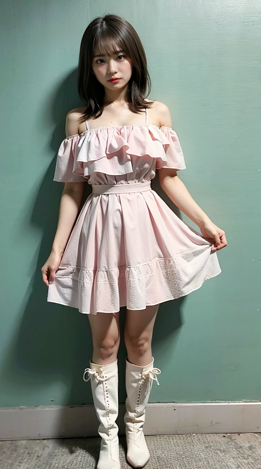 (8K、Raw photo、highest quality、masterpiece:1.2)、(realistic、Photoreal)、1 girl、((Pink Silk Dress、See-through、off shoulder、mini skirt、boots、frills、ribbon、big breasts、Seen from the front、Are standing、medium hair、temple))、smile、lots of eyelashes、Glitter on your eyelids、skeletally correct