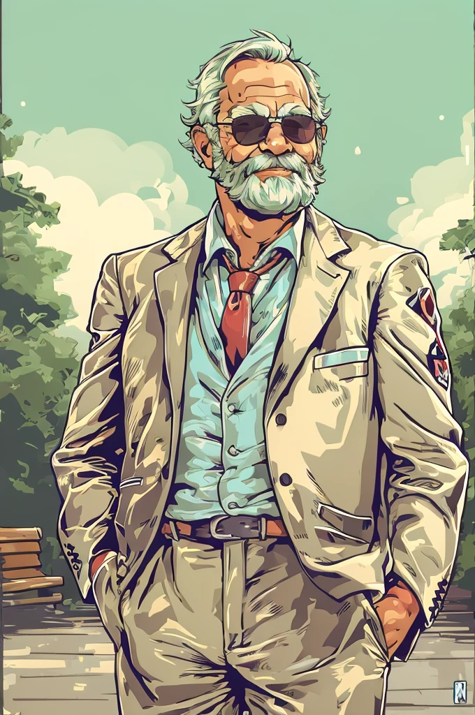 portrait, muscular old man in park, happy , suits, vector, mwvector, summer 