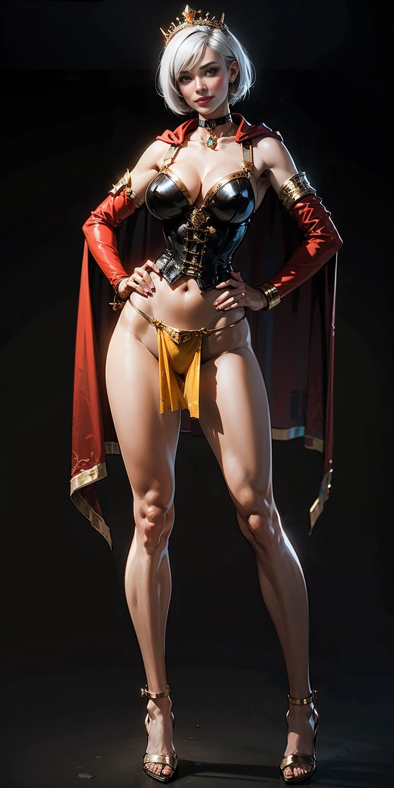 ((BLACK BACKGROUND,1:2, masterpiece)), full body MILF BIMBO standing with two long thighs and two high heels, red eyes, silver white hair, short bob style hair, , cleavage, separate sleeves, tiara royal, long cape up to two feet, yellow , hands on waist, navel,  smirking smiling,   smile face (red blushed, red cheeks), metal shoulders, gold sleeveless armbands, black leather choker slave collar, shackle bracelets,  slave red crest, pauldrons, breastplate, corset, eye focus, full body, whole body. 1solo . slave fighter, loincloth standing, hands on , metal sandals, backpack, choker, big belt, view from below, feet together, bracers, tiara)