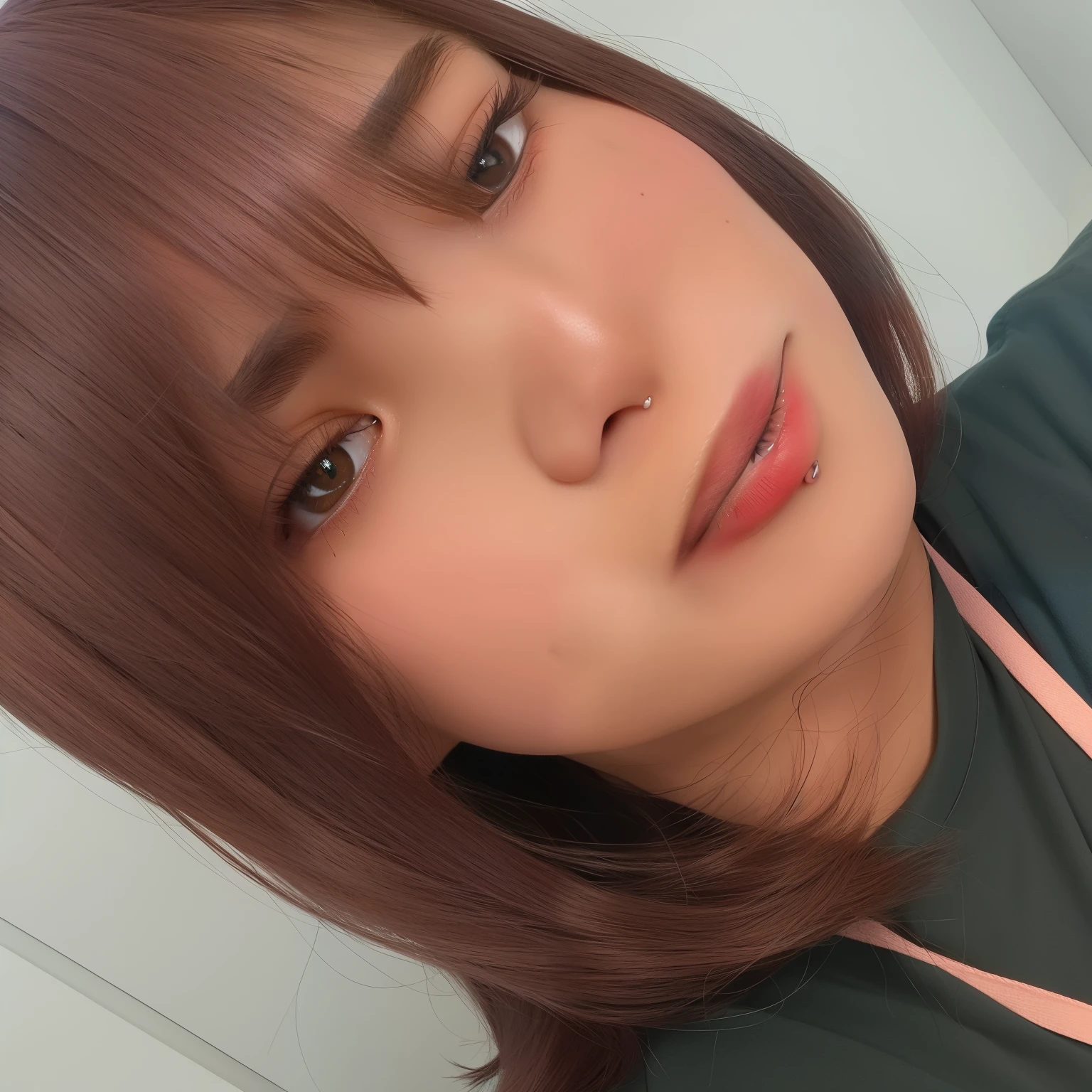 tem uma mulher com um colar rosa e uma camisa preta, taken at the beginning of 2020, cabelo castanho e franja, Com franja, piercing de septo, com maquiagem profissional, brown hair Com franja, piercing no nariz, 🤤 retrato de , com franja marrom, com cabelo curto, tirada no iphone 1 3 pro, small lips, nariz pontudo, franja reta