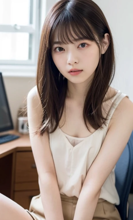 masterpiece、highest quality、16K、RAW photo、ultra high resolution、UHD,Depth of the bounds written、very detailed、soft light、professional lighting、Pale shading、Weak contrast、Japanese、beautiful girl、slender woman、Smooth, silky skin、clear white skin、daytime office、Window seat、sitting in front of the computer、White sleeveless blouse、pink pleated skirt、micro mooth and beautiful thighs:1.6)、(small breast:1.0)、flat chest、Childlike breasts、small areola、small nipples、beautiful nipples、Cherry-colored nipples、white breast、fine and beautiful eyes、(hanging eyes)、clear double eyelids、tear bag、(thin eyebrows:1.0)、(thin lips:1.0)、natural makeup、natural color lip、gentle smile、(floating hair、long wavy hair、high ponytail),(The bangs are see-through bangs)、from head to thighs