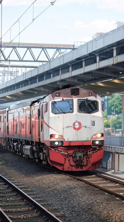 a train that is pulling into the station with a red and white car, train, anime
