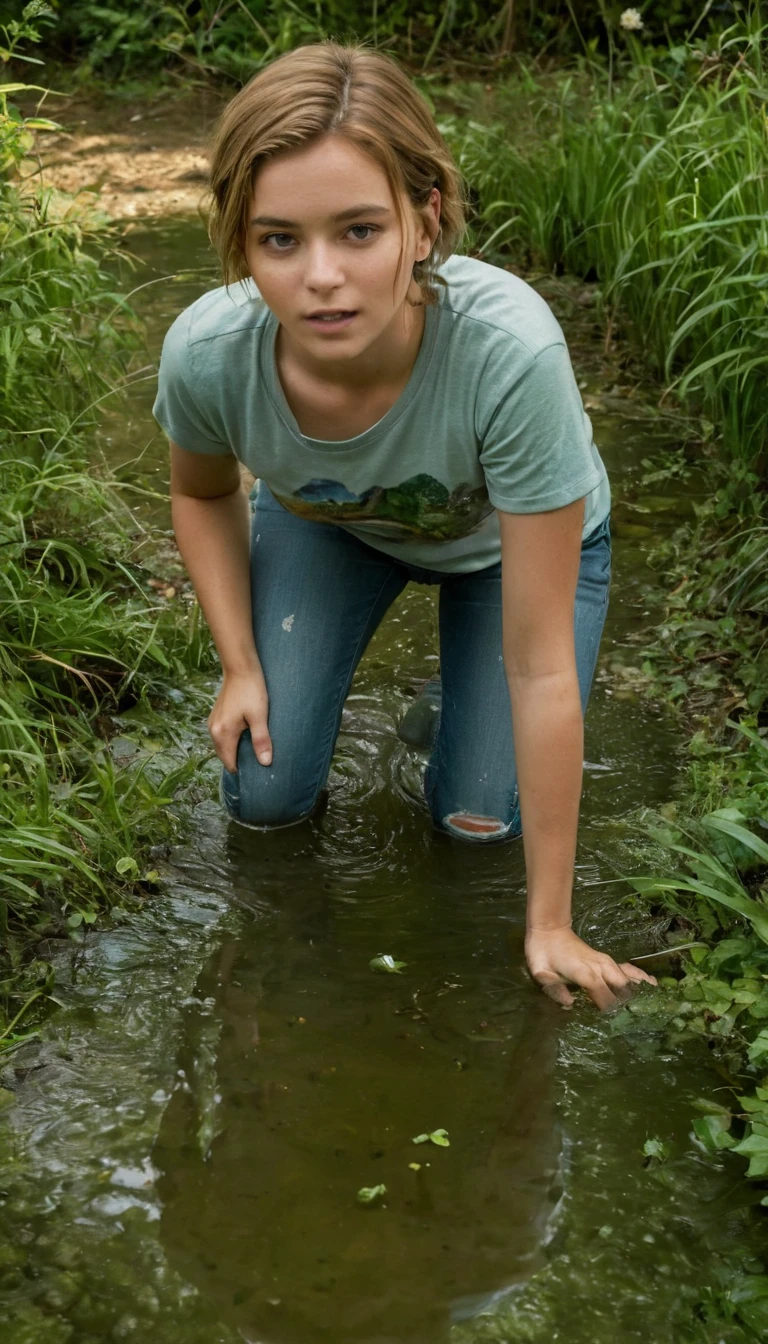 (best quality,4k,8k,highres,masterpiece:1.2), ultra-detailed, (realistic,photorealistic,photo-realistic:1.37), 70s setting, young girl with short hair, dressed in an old T-shirt and jeans, carefully steps into the muddy water of the pond. She&#39;s on her knees, falling on his butt into soft ground. Her facial expression reflects a mixture of excitement and pleasure. The nature surrounding her - green trees and grass, bushes and small stones are visible in the background. Light falls through the foliage, creating patterns on the surface of water and silt. An atmosphere of mystery and exploration of one’s own feelings