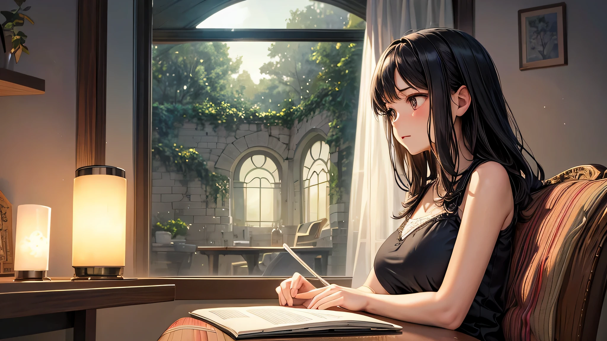 Singular light, alone, woman, face seen from the side, sideways, cosmic, fantsy, looking away:1.4, adult, busty, Ghibli-like design, living room, sitting, dark hair, studying, Completely, landscape orientation, side view,
