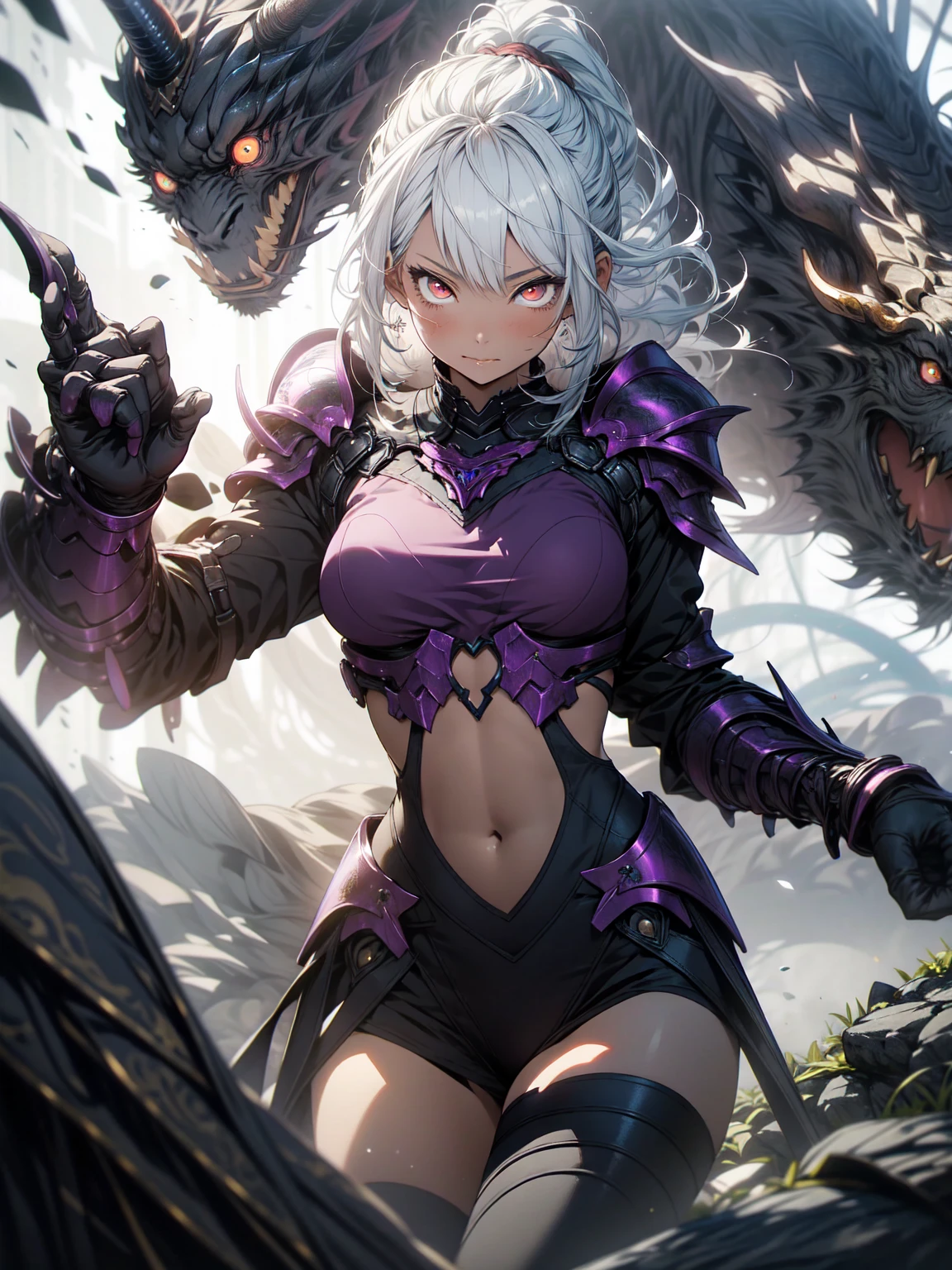 make it realistic,(masterpiece,highest quality,highest quality,very detailed,fractal art,most detailed,(abstract background:1.5)(1 girl),Kamimei,(ponytail),(Shining red eyes and beautiful white hair、big breasts,trained abdominal muscles),Abyss Stick、crystallization,high leotard,sexy,machine armor、Demon Horn、berserk、Armor Skirt
