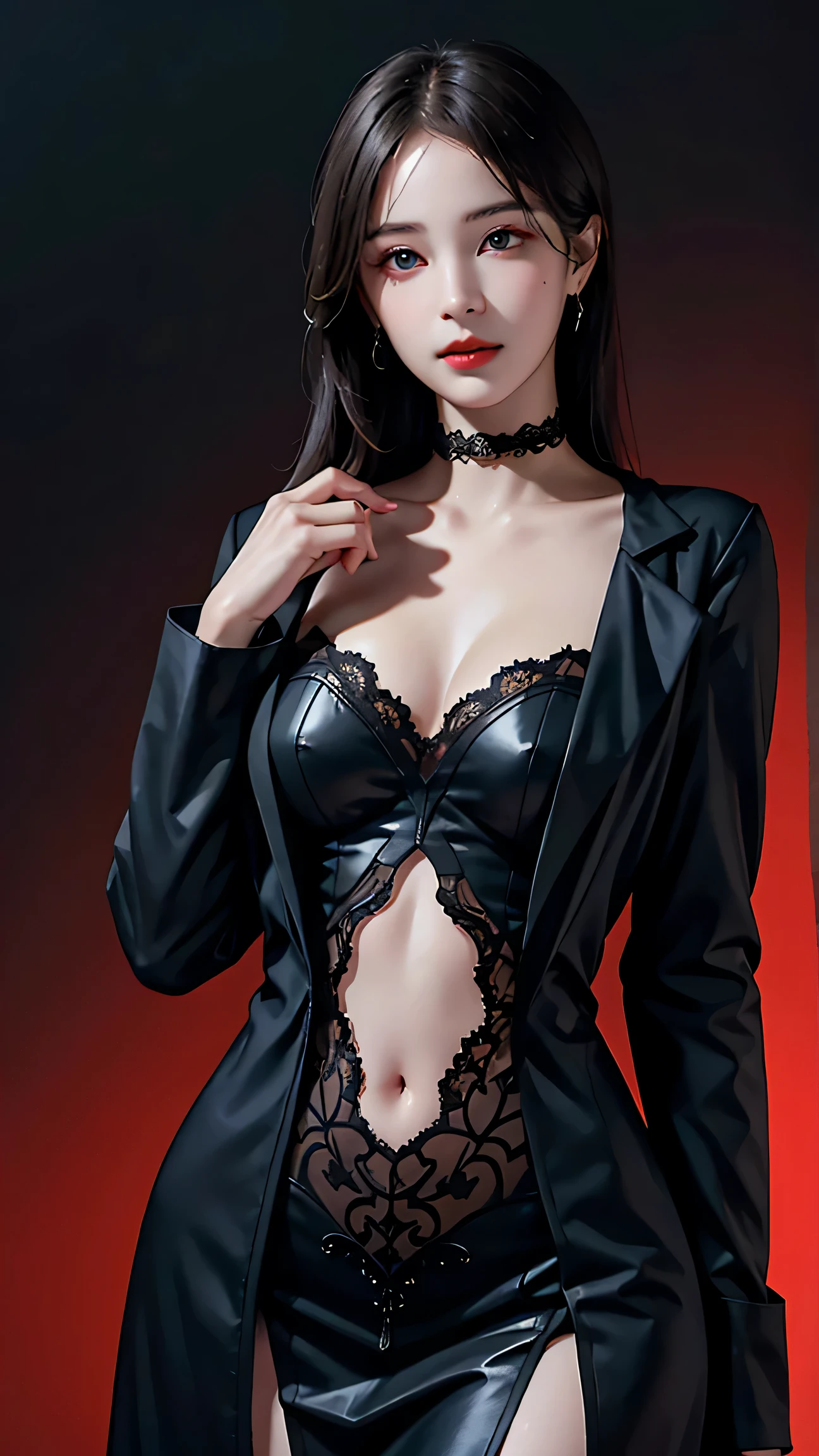 Beautiful girl with realistic black eyes, pale skin, Long black hair, perfect face, perfect eyes, ((Wearing a black coat)),((A tight lace dress with a large opening from the chest to the navel)) very detailed, comprehensive movie, digital painting, 8K, cinematic lighting, highest quality, High resolution, Great job!, Post-processing, perfect result, surreal,(((revealing clothes))),big breasts,choker, It's transparent