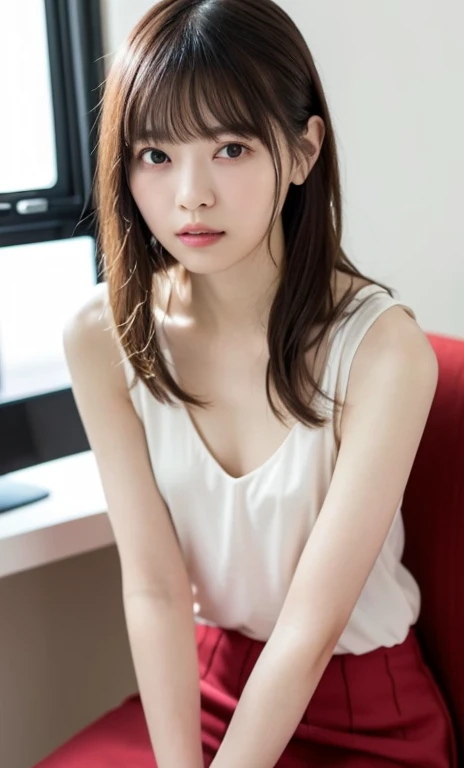 masterpiece、highest quality、16K、RAW photo、ultra high resolution、UHD，Depth of the bounds written、very detailed、soft light、professional lighting、Pale shading、Weak contrast、Japanese、beautiful girl、slender woman、Smooth, silky skin、clear white skin、daytime office、Window seat、sitting in front of the computer、White sleeveless blouse、Lavender colored pleated skirt、micro mooth and beautiful thighs:1.6）、(small breast:1.0)、flat chest、Childlike breasts、small areola、small nipples、beautiful nipples、Cherry-colored nipples、white breast、fine and beautiful eyes、（hanging eyes）、clear double eyelids、tear bag、（thin eyebrows:1.0）、（thin lips:1.0）、natural makeup、natural color lip、gentle smile、(floating hair、long wavy hair、high ponytail),(The bangs are see-through bangs)、from head to thighs