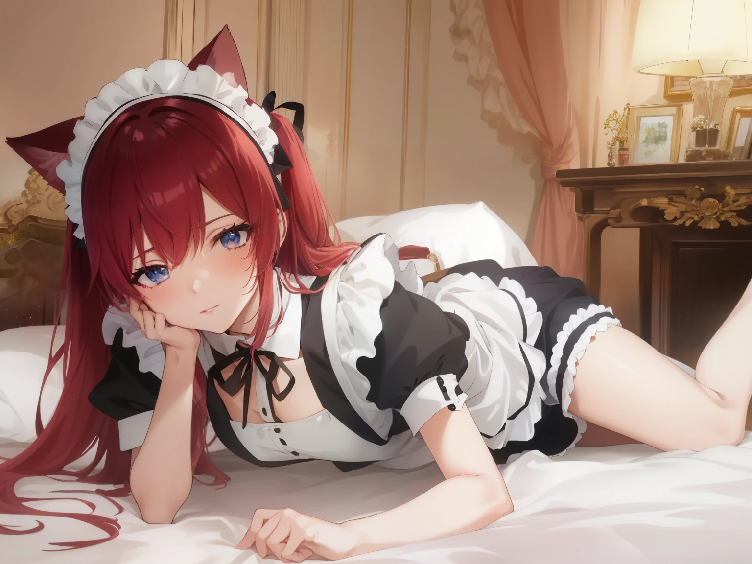 araffe dressed in a maid outfit laying on a bed, anime girl in a maid costume, gorgeous maid, maid outfit, maid, anime cat girl in a maid costume, seductive anime girl, catboy cosplay! maid! dress, wearing maid uniform, beautiful attractive anime woman, maid dress, anime girl cosplay, french maid, anime maid  ss military