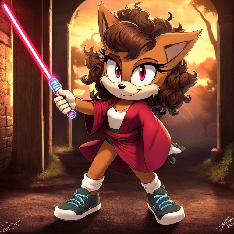 mobian, hedgehog, two-tone fur ((orange fur, brown fur)), red robe, small breasts, red lightsaber, high-top sneakers, two-tone hair (brown hair, black tip)), curly hair, red halo, red aura, jewelry, red glowing eyes, with an army behind her, longeyelashes, red eyes, smirk, super dark room, high detail, masterpiece, UHD, anatomically correct, super detail, highres, 4K