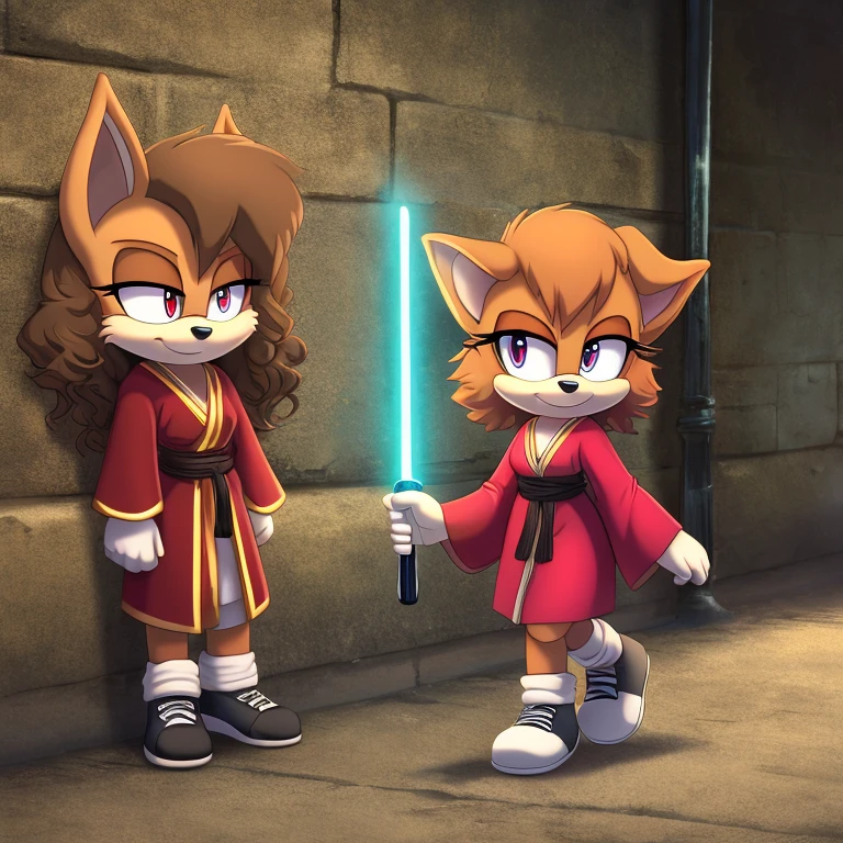 mobian, hedgehog, two-tone fur ((orange fur, brown fur)), red robe, small breasts, red lightsaber, high-top sneakers, two-tone hair (brown hair, black tip)), curly hair, red halo, red aura, jewelry, red glowing eyes, with an army behind her, longeyelashes, red eyes, smirk, super dark room, high detail, masterpiece, UHD, anatomically correct, super detail, highres, 4K