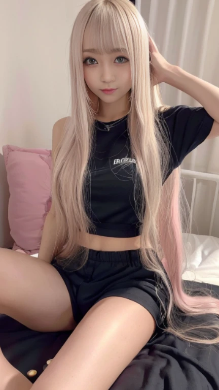 (Medium chest)、Sexy cute looks and cute beautiful girl, Beautiful and sexy face、The strong wind blows the hair in front of my face、((Beautiful blonde with cute long straight hair)), Sexy eyes hidden behind long bangs,slightly dark skin, height: 156cm,troubled eyes,((slightly droopy eyes)),(((whole body))),((Simple black shorts, Pale pink areola is visible)),(on the bed in the bedroom),(((She spreads her legs to seduce me.)))