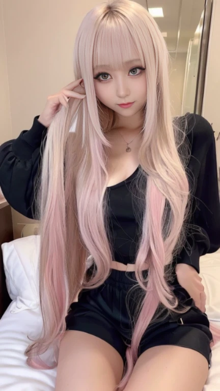 (Medium chest)、Sexy cute looks and cute beautiful girl, Beautiful and sexy face、The strong wind blows the hair in front of my face、((Beautiful blonde with cute long straight hair)), Sexy eyes hidden behind long bangs,slightly dark skin, height: 156cm,troubled eyes,((slightly droopy eyes)),(((whole body))),((Simple black shorts, Pale pink areola is visible)),(on the bed in the bedroom),(((She spreads her legs to seduce me.)))