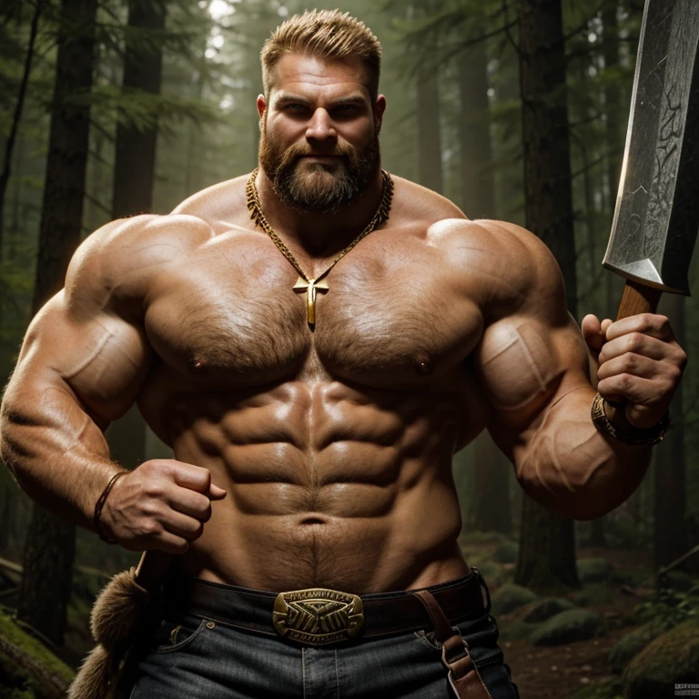 A mighty barbarian warrior, with an axe in each hand, is showing off his huge bicep muscles and meaty thighs. Huge huge shoulders, he is as broad as he is tall. 35 years old. Blond, very short beard, powerfully muscled, massive shoulders and biceps. well-defined six pack. Exceptionally thick gold cross necklace. Intimidating smile. Forest background. good lighting.