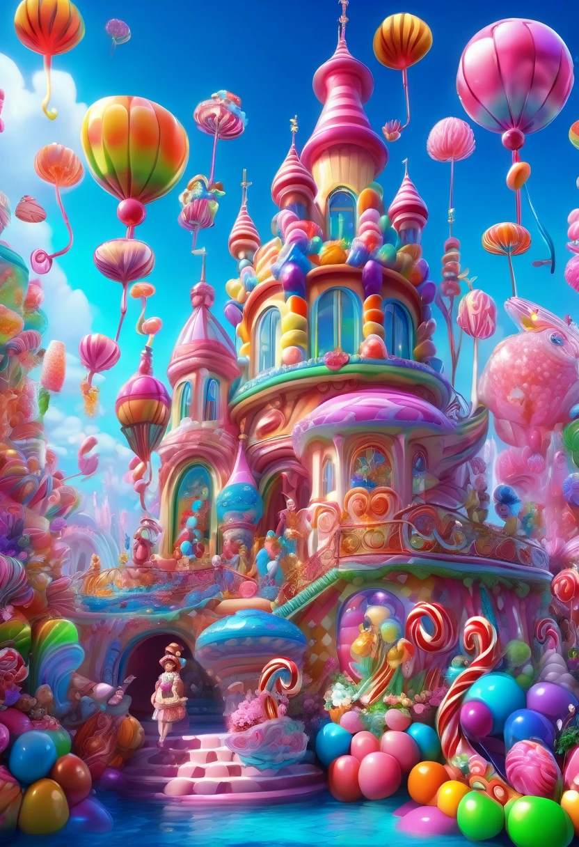 1girl, Candyland, aesthetic, (best quality, highres), ultra-detailed, (realistic:1.37), vibrant colors, candy-themed, dreamlike, enchanting, whimsical, sunlit, joyful, playful, sugary attire, magical, enticing aroma, candy castle, candy river, cotton candy clouds, lollipops, candy cane columns, sugar sculptures, gumdrop boats, candy fish, vibrant flowers, cheerful musicians