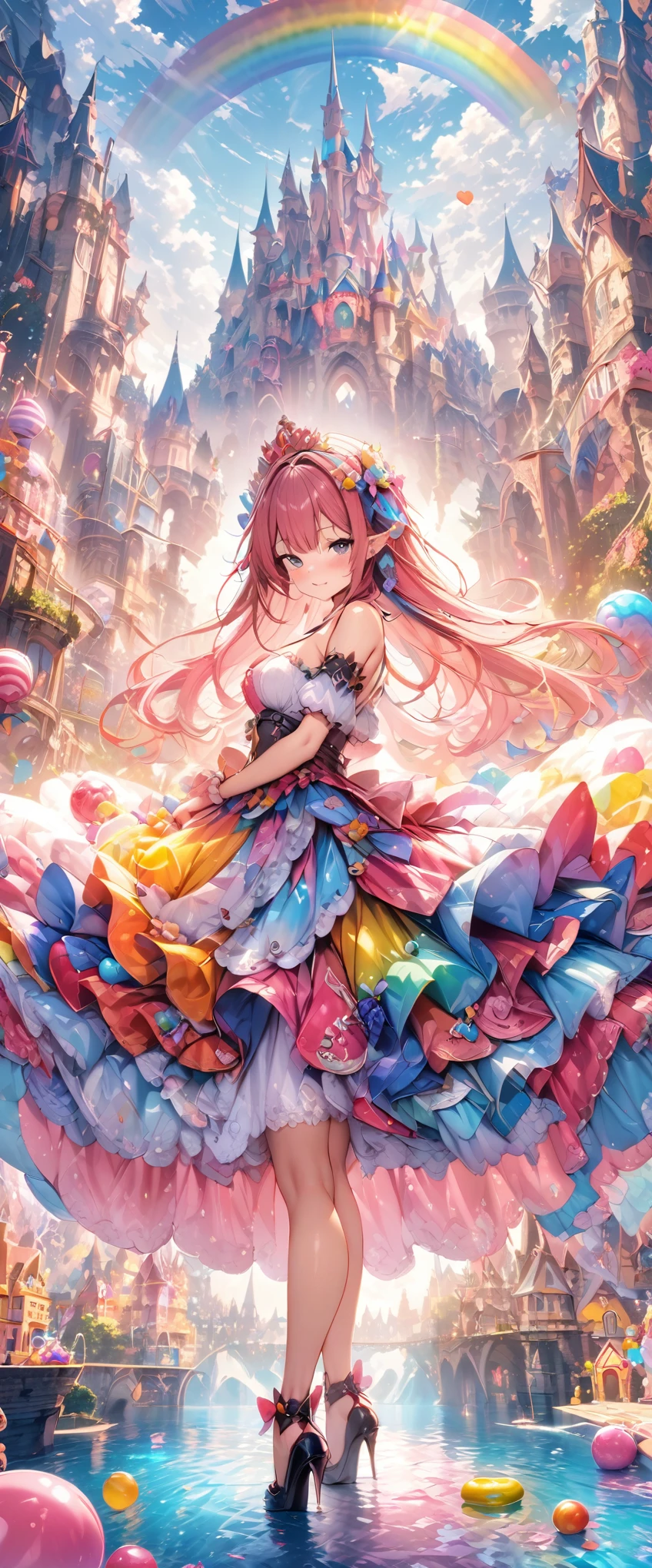 ((masterpiece, highest quality, Highest image quality, High resolution)), ((Extremely detailed CG unified 8k wallpaper)), Candyland, Candy Kingdom, Candy Castle, A fairy tale world, lined with houses of candy and a rainbow of juice fountains, Colorful, pop, fantasy, dreamy,