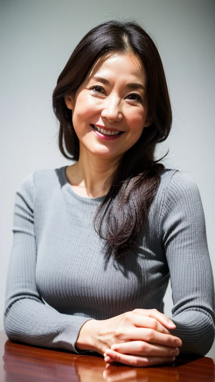 table top, highest quality, Photoreal, finely, High resolution, 8k wallpaper, perfect dynamic composition, beautiful and detailed eyes, medium hair, ample breasts, random sexy pose,random situation、(tight gray knit)、smile、60 years old、(droopy eyes 1.3)、Mature adult beauty、Japanese