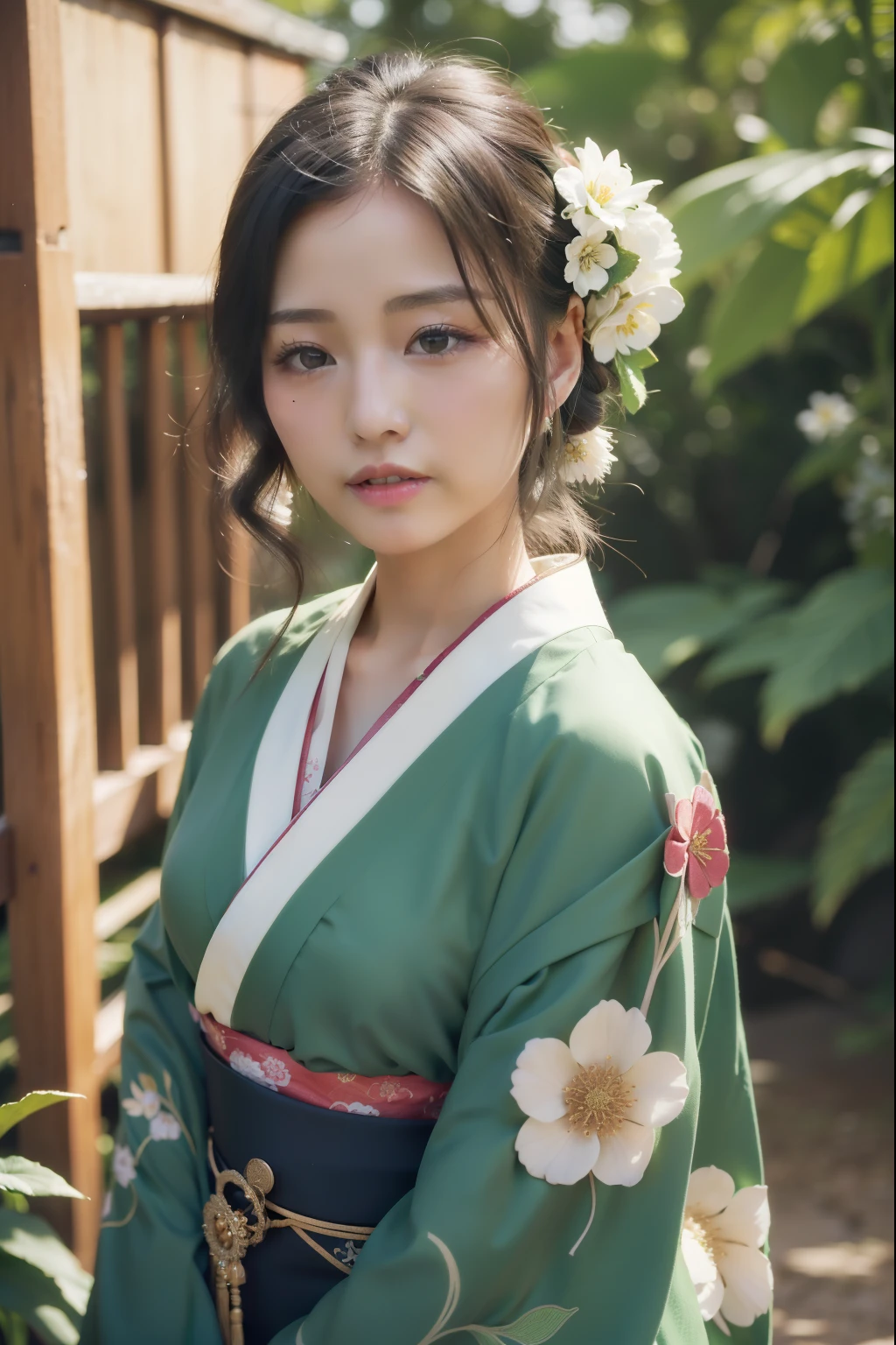 a close up of a woman in a green kimono with flowers in her hair, in kimono, traditional beauty, japanese goddess, japanese model, elegant japanese woman, beautiful south korean woman, japaneese style, kimono, hanfu, beautiful asian girl, wearing kimono, japanese kimono, japanese woman, in a kimono, traditional japanese, korean woman