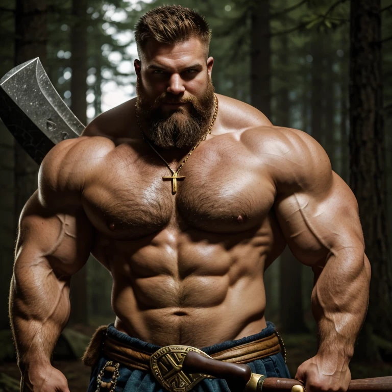 A mighty barbarian warrior, with an axe in each hand, is showing off his huge bicep muscles and meaty thighs. Huge huge shoulders, he is as broad as he is tall. 35 years old. Blond, very short beard, powerfully muscled, massive shoulders and biceps. well-defined six pack. Exceptionally thick gold cross necklace. Intimidating smile. Forest background. good lighting.