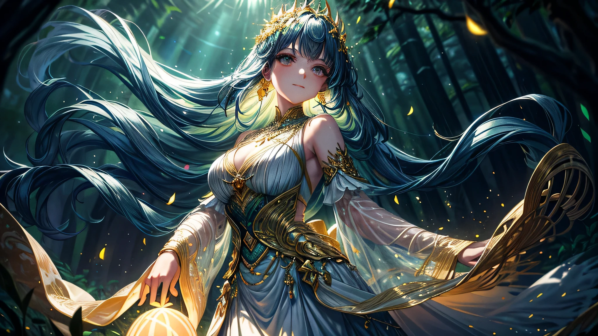 In the heart of a mystical forest, a beautiful woman with a Symper Smile stands among the trees. Her hair cascades down in soft waves, adorned with glowing fireflies that twinkle and dance around her head, adding an ethereal glow to her presence. Her captivatingly shining eyes capture the essence of the moonlight, reflecting its soft, gentle glow.

Clad in a stunning gown woven from the very essence of the forest, she melds seamlessly with her surroundings. The intricately detailed fabric shines with the same luminescence as the fireflies, weaving a mesmerizing tapestry of moonlight and magic. Her dress flows