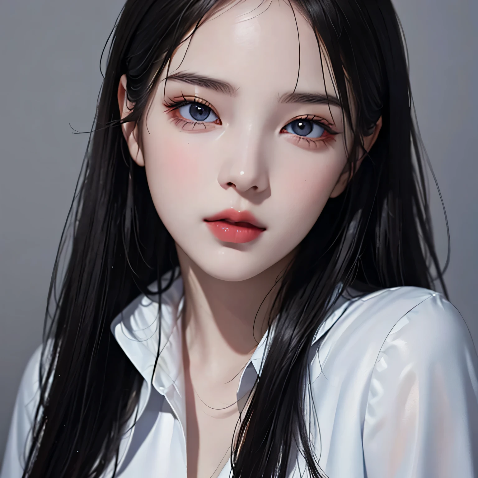 Beautiful girl with realistic black eyes, pale skin, medium length black hair, perfect face, perfect eyes, wearing a coat, very detailed, comprehensive movie, digital painting, 8K, cinematic lighting, highest quality, High resolution, well done!, Post-processing, perfect result, surreal，(((revealing clothes)))，big breasts