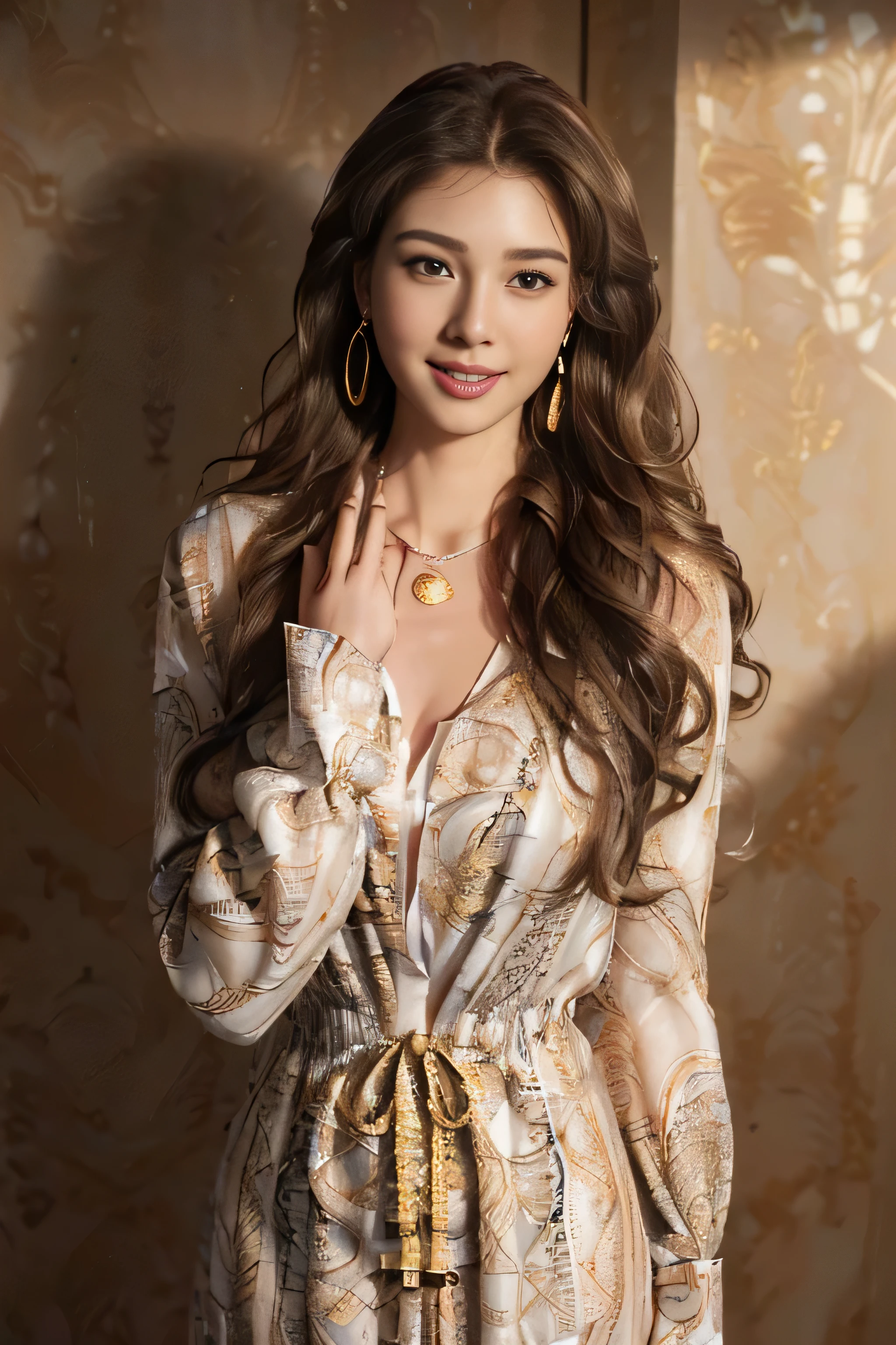((beautiful girl:1.3))((wearing intricately patterned shirt dress:1.4) (((smile:1.2)) ((medium chest:1.2)) ((close:1.3)) highest quality,masterpiece,ultra high resolution,(realistic:1.4),Raw photo,(real skin texture:1.3),(film grain:1.3),panorama,character portrait,very wide shot,tight waist,cowboy shot,(in the dark, deep shadow, discreet key, cold light,) night,(()),flowing tears,,dust,Tyndall effect,(Performance),,Beautifully detailed eyes and face,white jabot,brown eyes,((brown hair:1.2)) ((full body:1.3))((gold necklace＿Large earrings:1.2)),((Long brown hair:1.2))((Hair with loose waves inside:1.2))((full figure supermodel standing, entire body in frame))((Gently bite the thumb of your right hand:1.2)((thin,beautiful,feminine hands :1.2))