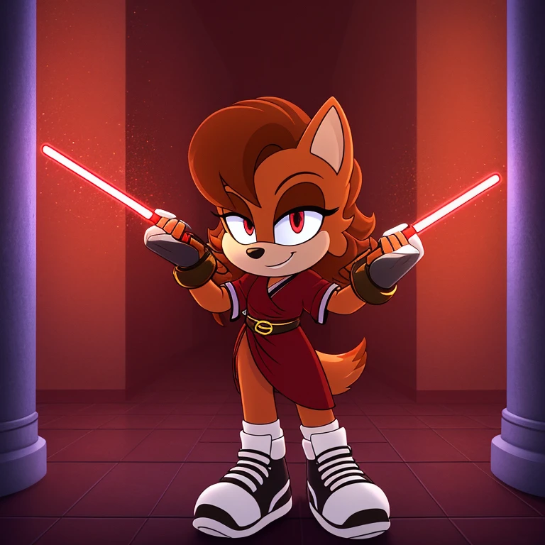 mobian, hedgehog, two-tone fur ((orange fur, brown fur)), red robe, small breasts, red lightsaber, high-top sneakers, two-tone hair (brown hair, black tip)), curly hair, red halo, red aura, jewelry, red glowing eyes, with an army behind her, longeyelashes, red eyes, smirk, super dark room, high detail, masterpiece, UHD, anatomically correct, super detail, highres, 4K