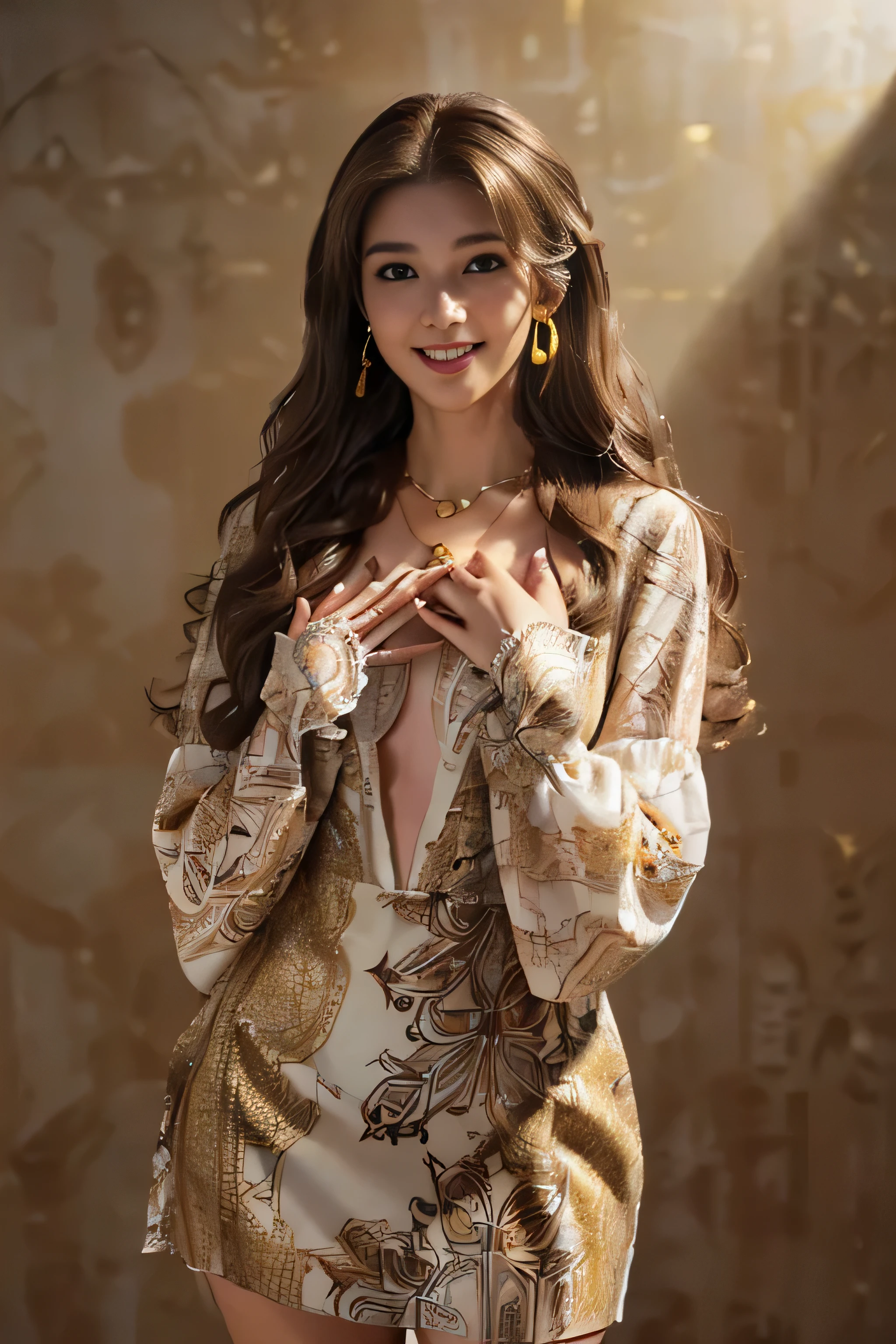 ((beautiful a girl:1.3))((Thin_fabric:1.4))((I'm working:1.3))((big breasts:1.2))((Close-up:1.2)) highest quality、muste piece、ultra high resolution、(photorealistic:1.4)、Raw photo、(real skin texture:1.3)、(film grain:1.3)、panorama、character portrait、Very wide shot、narrow waist、cowboy shot、(in the dark、deep shadow、low key、cold light、)night、((loosely wavy hair:1.2))、Streaming Tears、、Dust、Tyndall effect、(expression)、1 girl in、beautiful detailed eyes and face、white jabot、brown eyes、((brown super long hair:1.2)) (smile:1.3))((a shy smile:1.3))、((gold necklace_large earrings:1.2)),(((abstract printed dresses_long sleeve_wrap dress:1.3)))