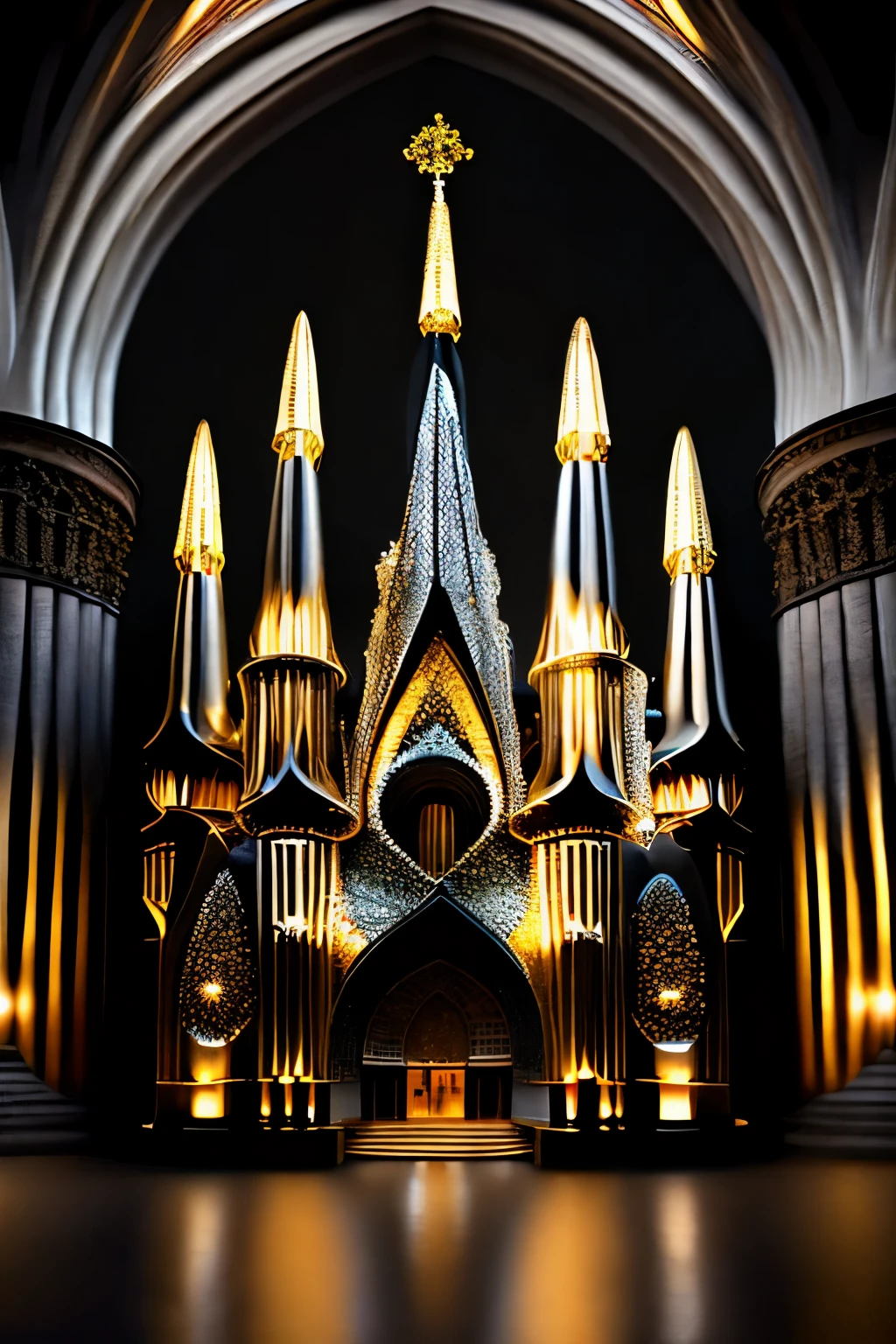 best quality, super fine, 16k, RAW photo, photorealistic, incredibly absurdres, extremely detailed, delicate, flashy and dynamic depiction, 3D, Northern Renaissance style, mysterious and fantastic building like the Sagrada Familia made of jet black and shining silver and gold plated, complicated, strange, mysterious and fantastic, diffuse reflection of iridescent light, professional lighting