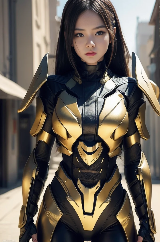 (high quality), (masterpiece), (detailed), 8K Hyper-realistic depiction of a Japanese girl clad in futuristic armor inspired by a scorpion motif, seamlessly blending sleek design with intricate details in a high-tech environment.