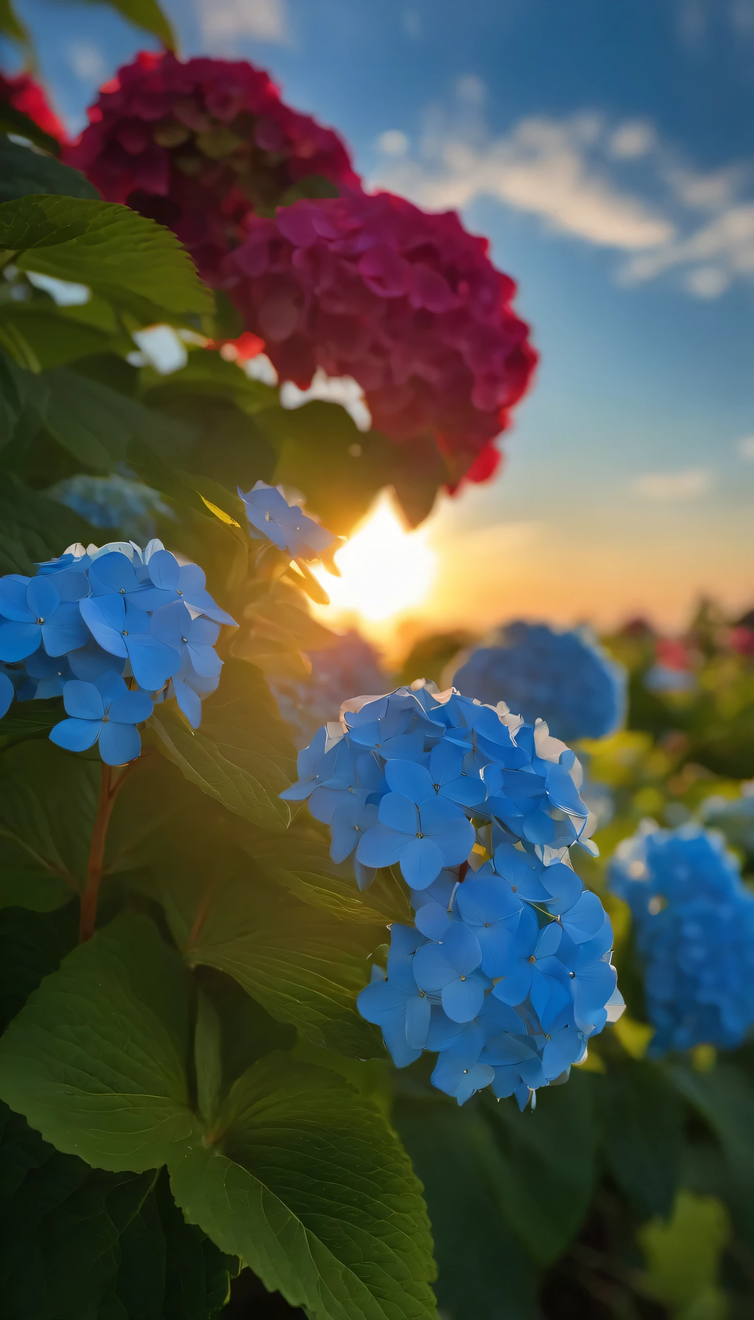A clump of hydrangea flowers and a clean blue sky，Sun rise，depth of field