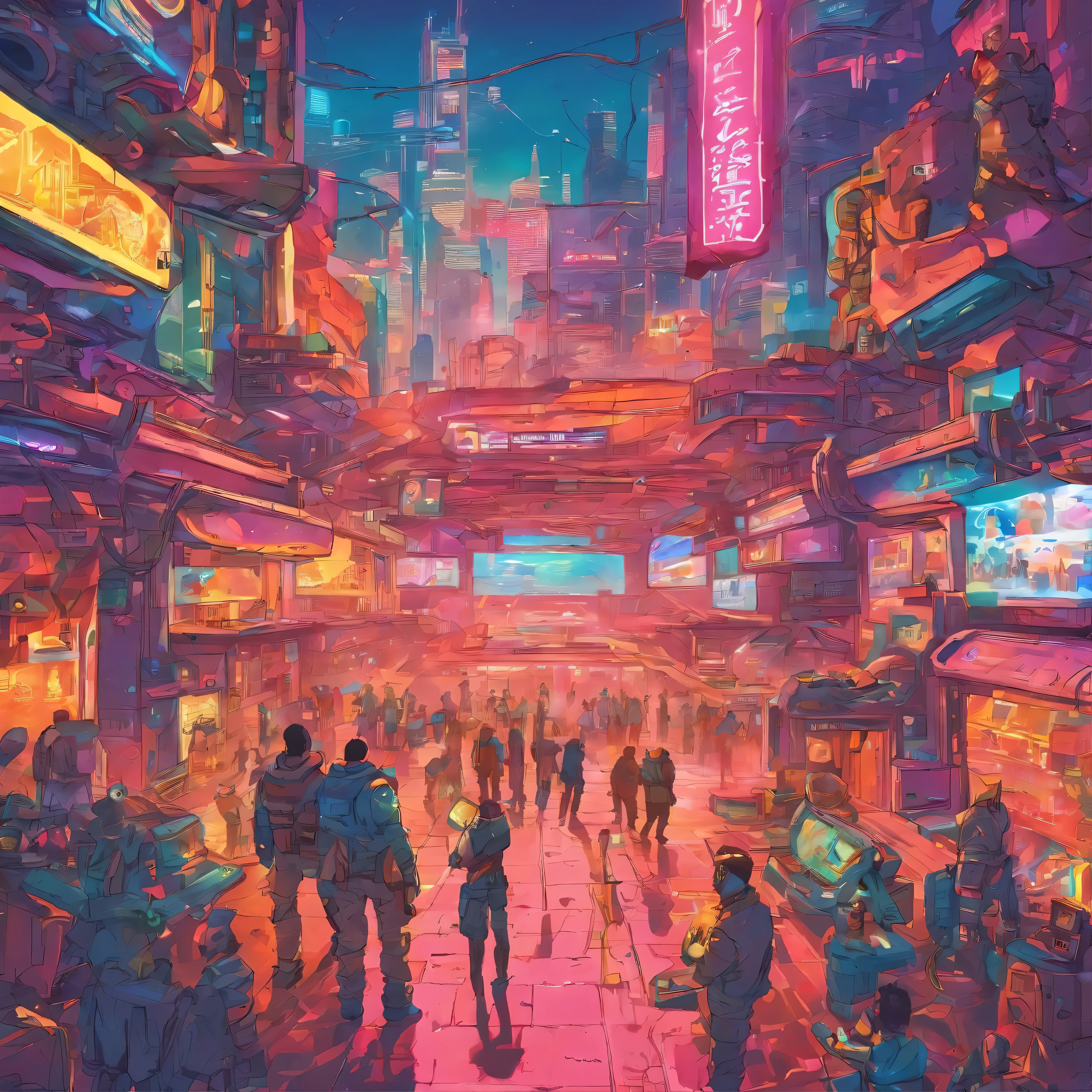 (Active,energetic),Bright colors、Dynamic camera angles、Intense battle scenes、Futuristic architecture、Sleek vehicles、Artificial intelligence、Dramatic lightning、Striking visual effects、Post-apocalyptic landscape、High-tech gadgets、Thrilling suspense、Seamless integration of humans and technology、Hovering platforms、Augmented reality glasses、Underground resistance movement、Hidden secrets、Cityscapes reflecting in glass buildings、Bioengineered creatures、High-speed train、Flying cars、Advanced surveillance systems、Soundproofed underground hideout、Silent footsteps、Invisible cloaking devices、Exotic food stalls、Urban decay、Highly detailed costume design、Highly skilled martial artysterious symbols、Expansive virtual reality world、Glowing energy orbs、Grand city-wide event、Vertigo-inducing heights、Heroic last stand、Missing key information。