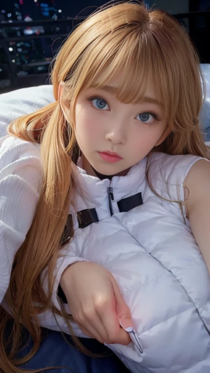 bright look、photorealism、full body painting、highest quality、超A high resolution、picture、北欧生まれの非常にbeautiful少女の写真、extraordinary beautiful girl、可愛くてbeautiful顔の詳細、(Pueros face_V1:0.008)、beautiful bangs、alice in wonderland、16 years old、Radiant, fair, glowing skin、facial hair、Bangs that extend to the face、bangs between eyes、super long hair、Glamorous bright natural platinum blonde super long straight silky hair、high resolution eyes、beautiful, Bright and clear, Big light blue eyes shine charmingly、(white astrovest):10、eyeliner、double eyelid、rich bust、Going to bed、lie on your back、sprawl、sleep on your side、lying on one's back
